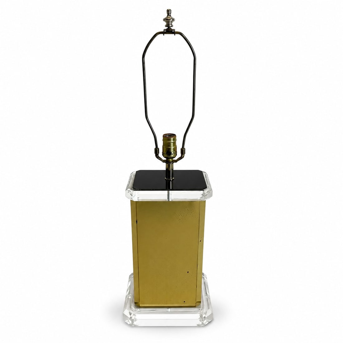 Brass and Lucite Table Lamp: Vintage 1980s table lamp with thick lucite base and top, with brass sides. Very unique lamp, to add a touch of mid-century modern feel to any living space. 30.5 height 8.5 width 7.5 depth Condition: A