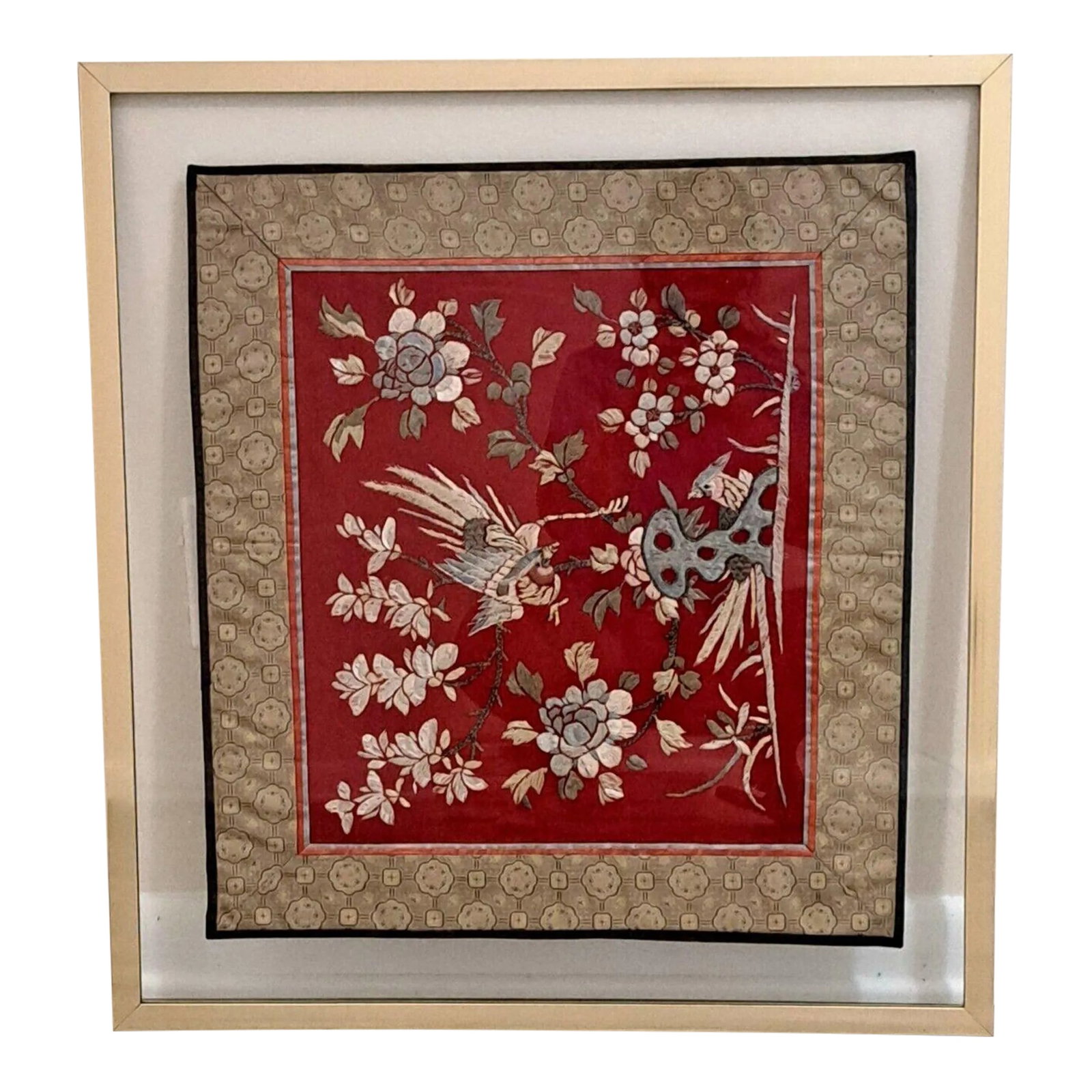 Mid 20th Century Chinese Silk Embroidered Tapestry Panel With Birds & Floral Motifs Framed: SKU: OT 2625 Chinese Silk Embroidered Tapestry Panel W/Birds & Floral Motifs Framed Antique The panel, set against a red background, showcases two silk-embroidered birds perched on a branch amidst a f