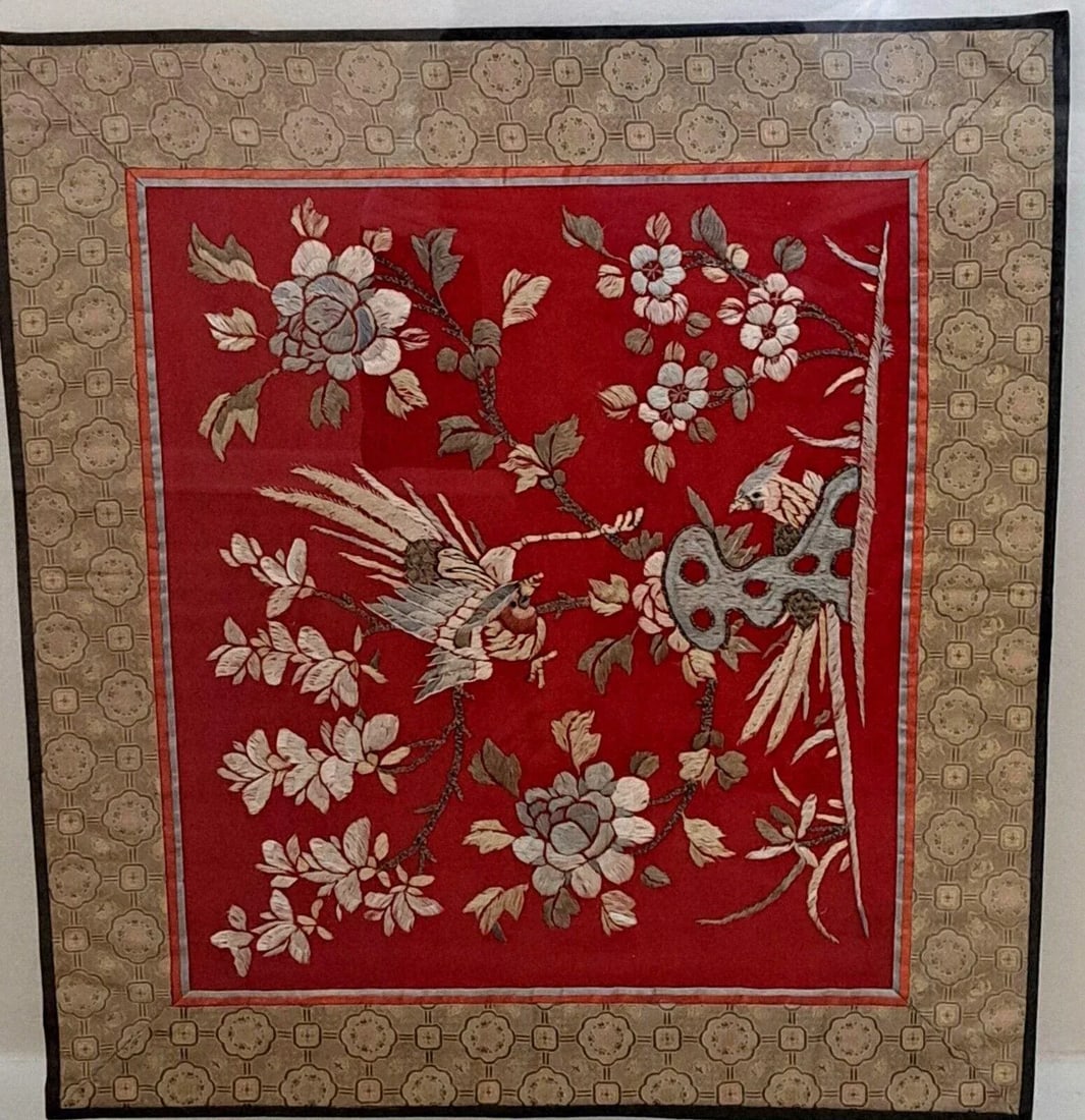 Mid 20th Century Chinese Silk Embroidered Tapestry Panel With Birds & Floral Motifs Framed - 2