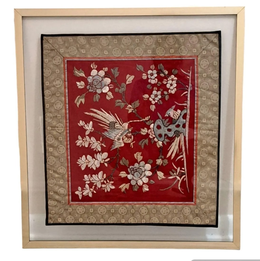 Mid 20th Century Chinese Silk Embroidered Tapestry Panel With Birds & Floral Motifs Framed - 3