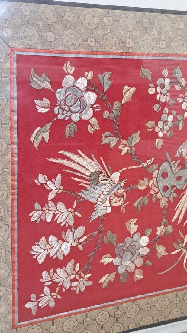 Mid 20th Century Chinese Silk Embroidered Tapestry Panel With Birds & Floral Motifs Framed - 4