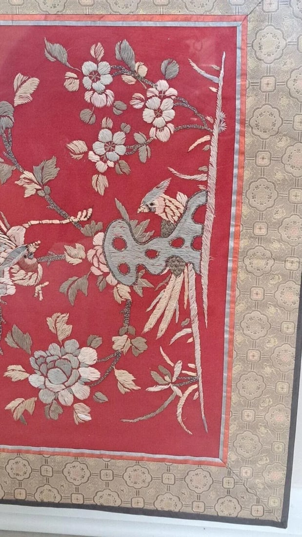 Mid 20th Century Chinese Silk Embroidered Tapestry Panel With Birds & Floral Motifs Framed - 5