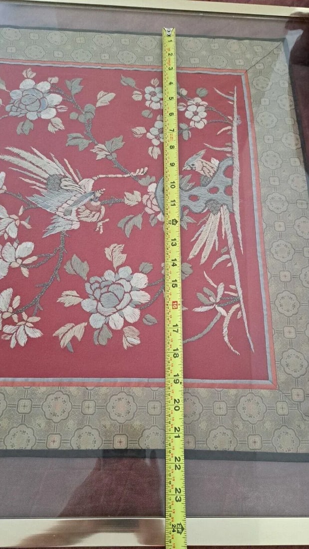 Mid 20th Century Chinese Silk Embroidered Tapestry Panel With Birds & Floral Motifs Framed - 8