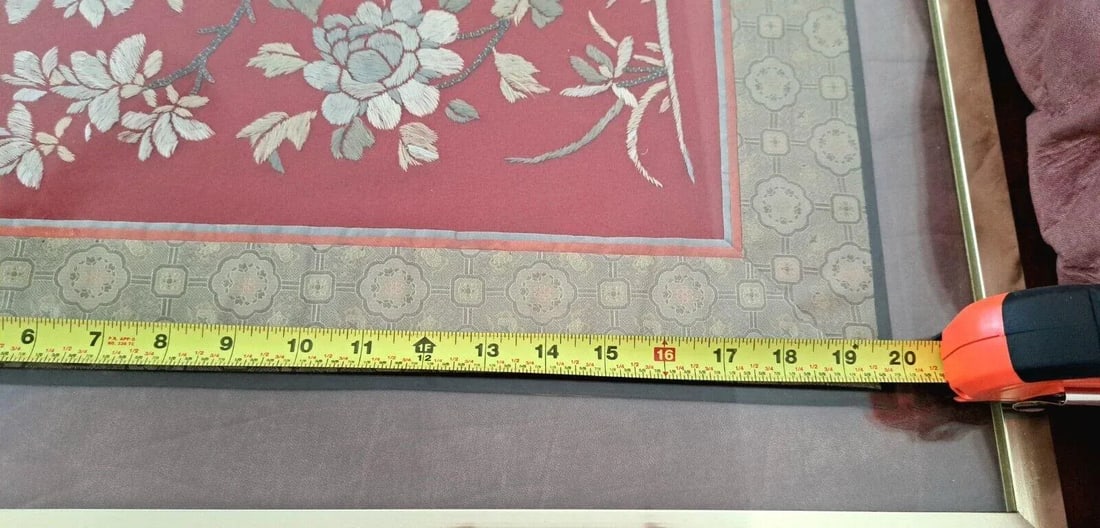 Mid 20th Century Chinese Silk Embroidered Tapestry Panel With Birds & Floral Motifs Framed - 9