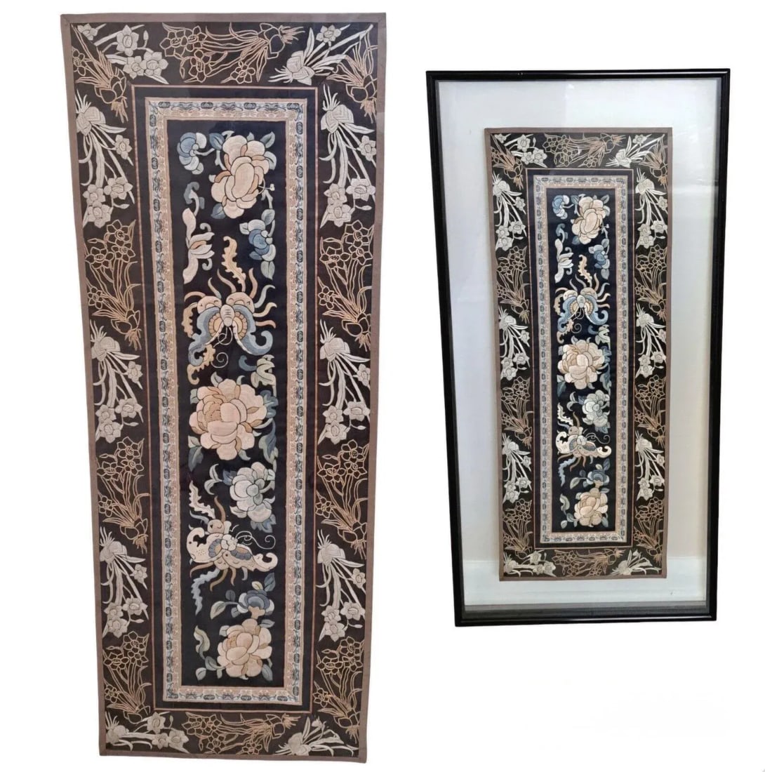 Framed Chinese Silk Embroidered Tapestry Panel With Butterfly & Floral Motifs - 2