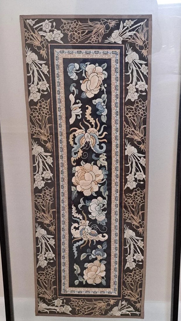 Framed Chinese Silk Embroidered Tapestry Panel With Butterfly & Floral Motifs - 3