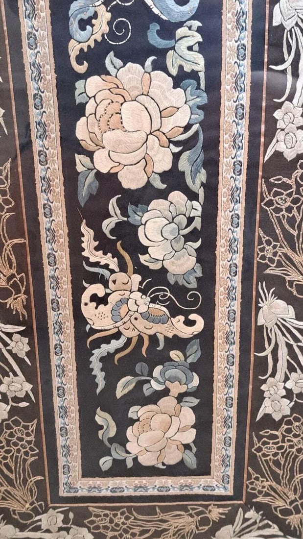 Framed Chinese Silk Embroidered Tapestry Panel With Butterfly & Floral Motifs - 4