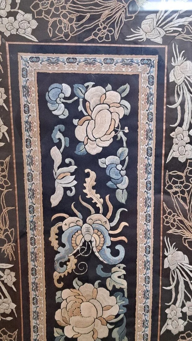 Framed Chinese Silk Embroidered Tapestry Panel With Butterfly & Floral Motifs - 6