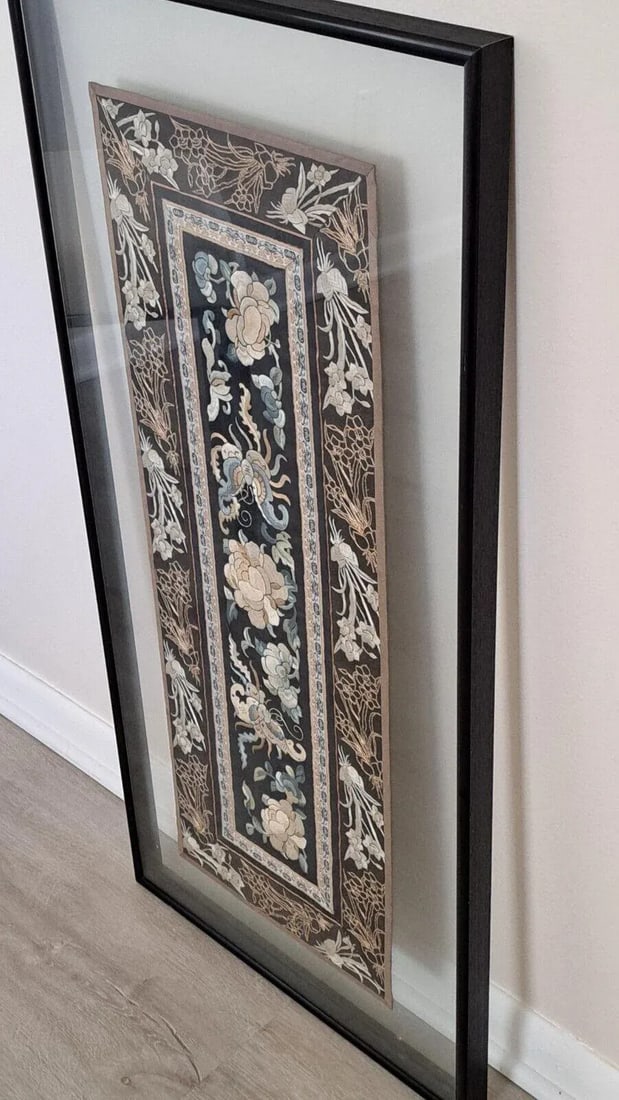 Framed Chinese Silk Embroidered Tapestry Panel With Butterfly & Floral Motifs - 7