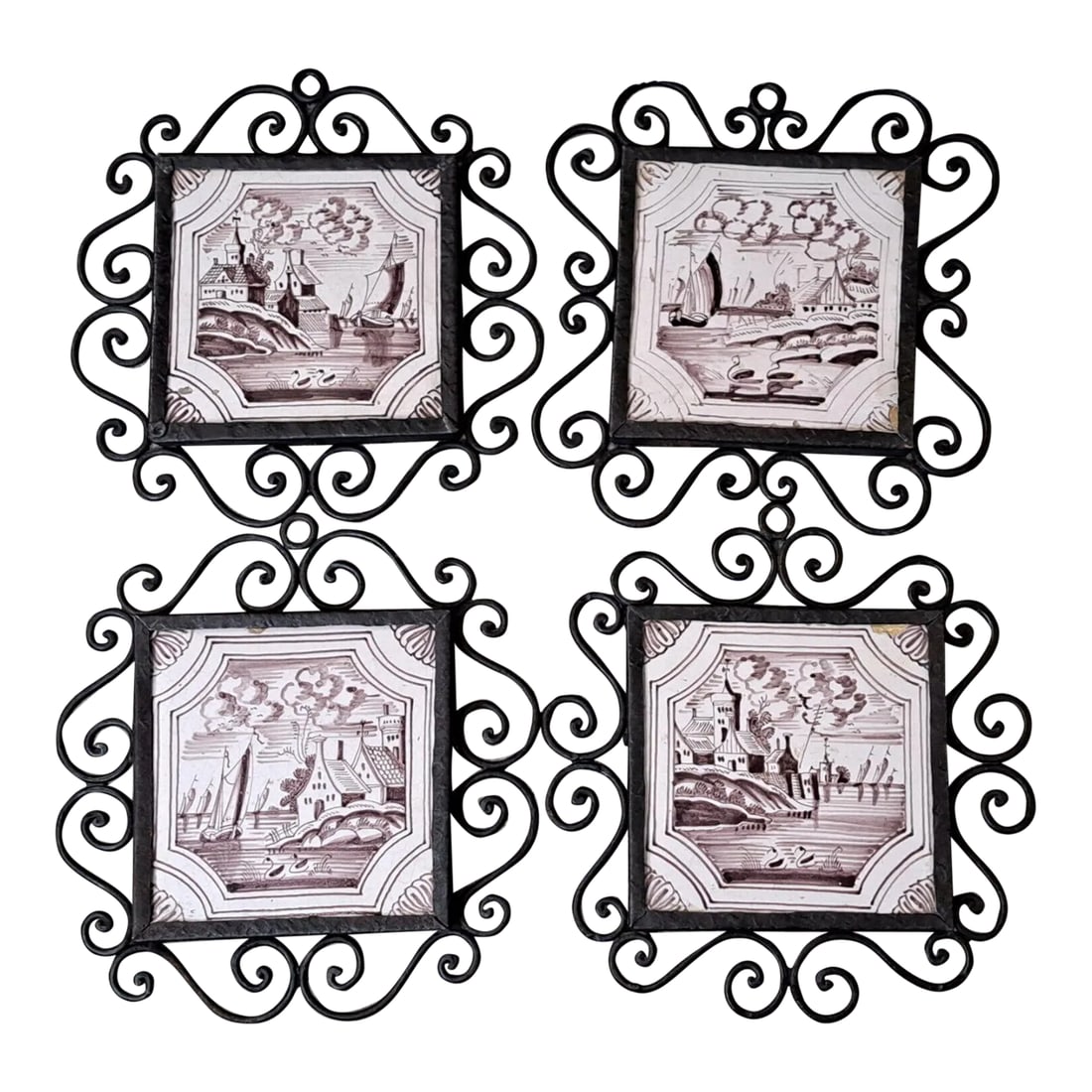 Mid 19th Century Dutch Manganese Delft Decorative Framed Tiles Nautical Scenes- Set of 4: SKU: OT 2182 Dutch Manganese Delft Decorative Framed Tiles Nautical Scenes SET 4 Mid 19th C This is a stunning collection of Delft manganese tiles framed in wrought iron, with each tile hand-painted f