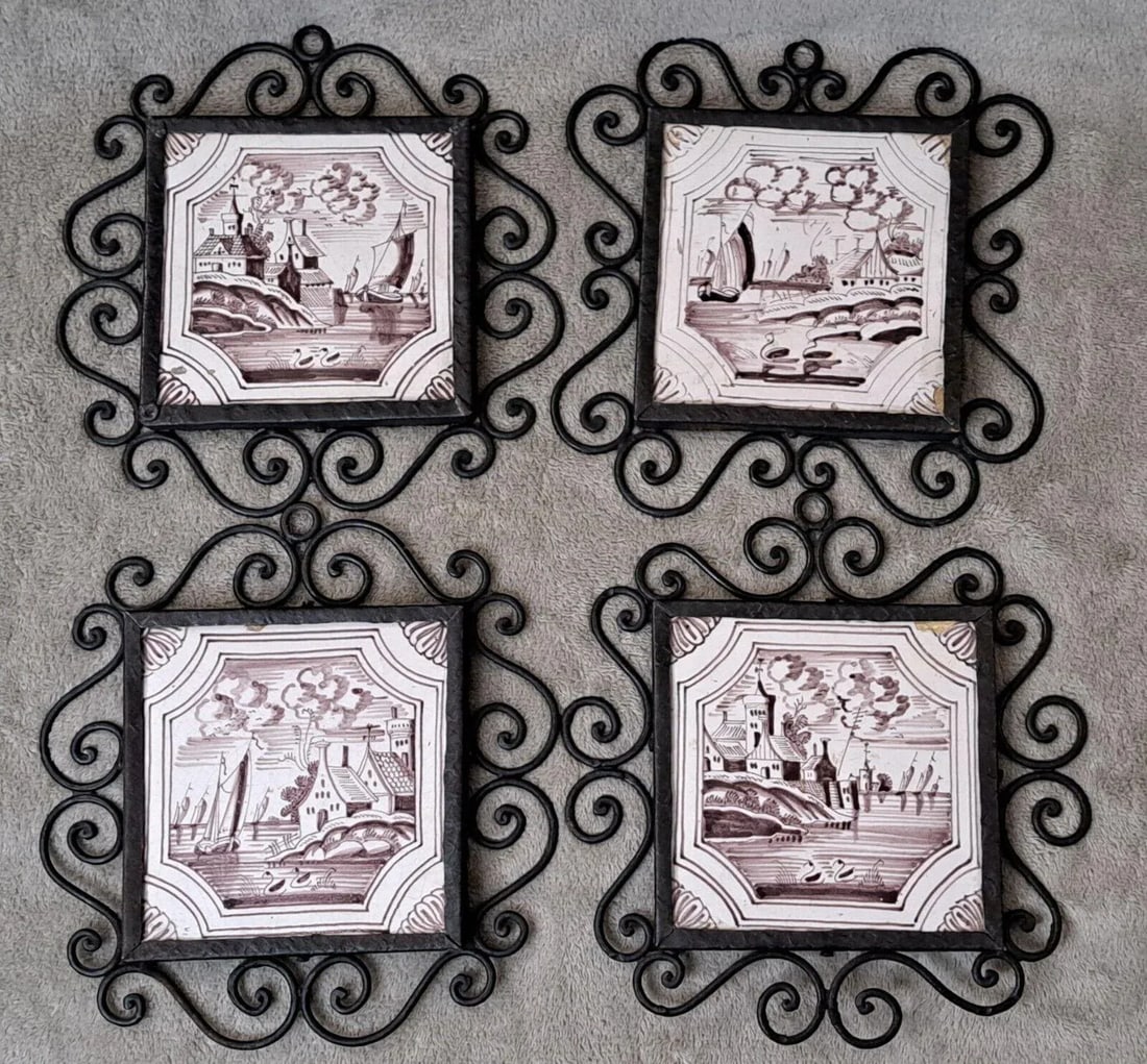 Mid 19th Century Dutch Manganese Delft Decorative Framed Tiles Nautical Scenes- Set of 4 - 2