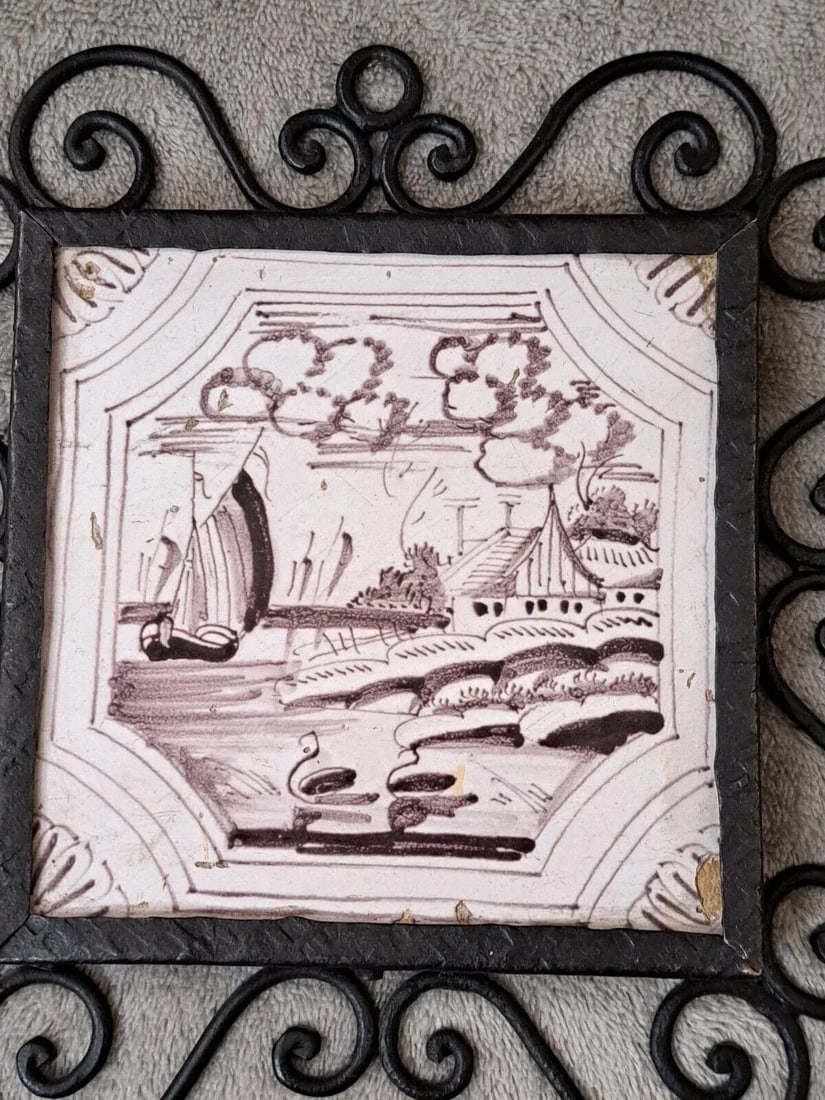 Mid 19th Century Dutch Manganese Delft Decorative Framed Tiles Nautical Scenes- Set of 4 - 4