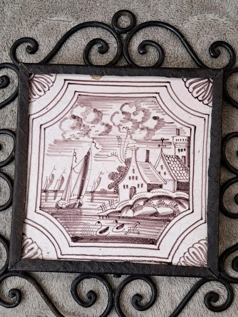 Mid 19th Century Dutch Manganese Delft Decorative Framed Tiles Nautical Scenes- Set of 4 - 5