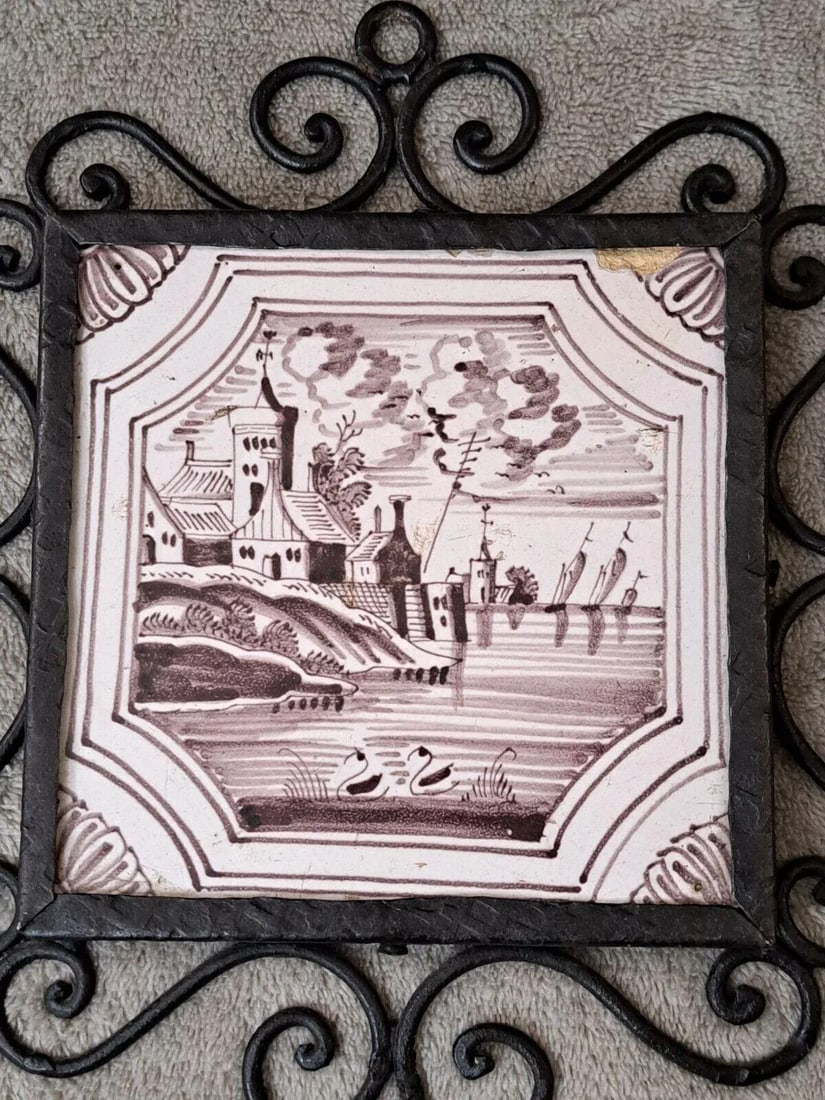 Mid 19th Century Dutch Manganese Delft Decorative Framed Tiles Nautical Scenes- Set of 4 - 6