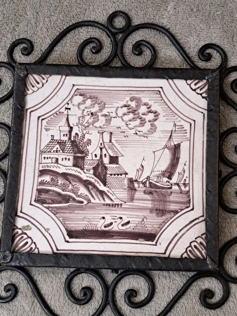 Mid 19th Century Dutch Manganese Delft Decorative Framed Tiles Nautical Scenes- Set of 4 - 7