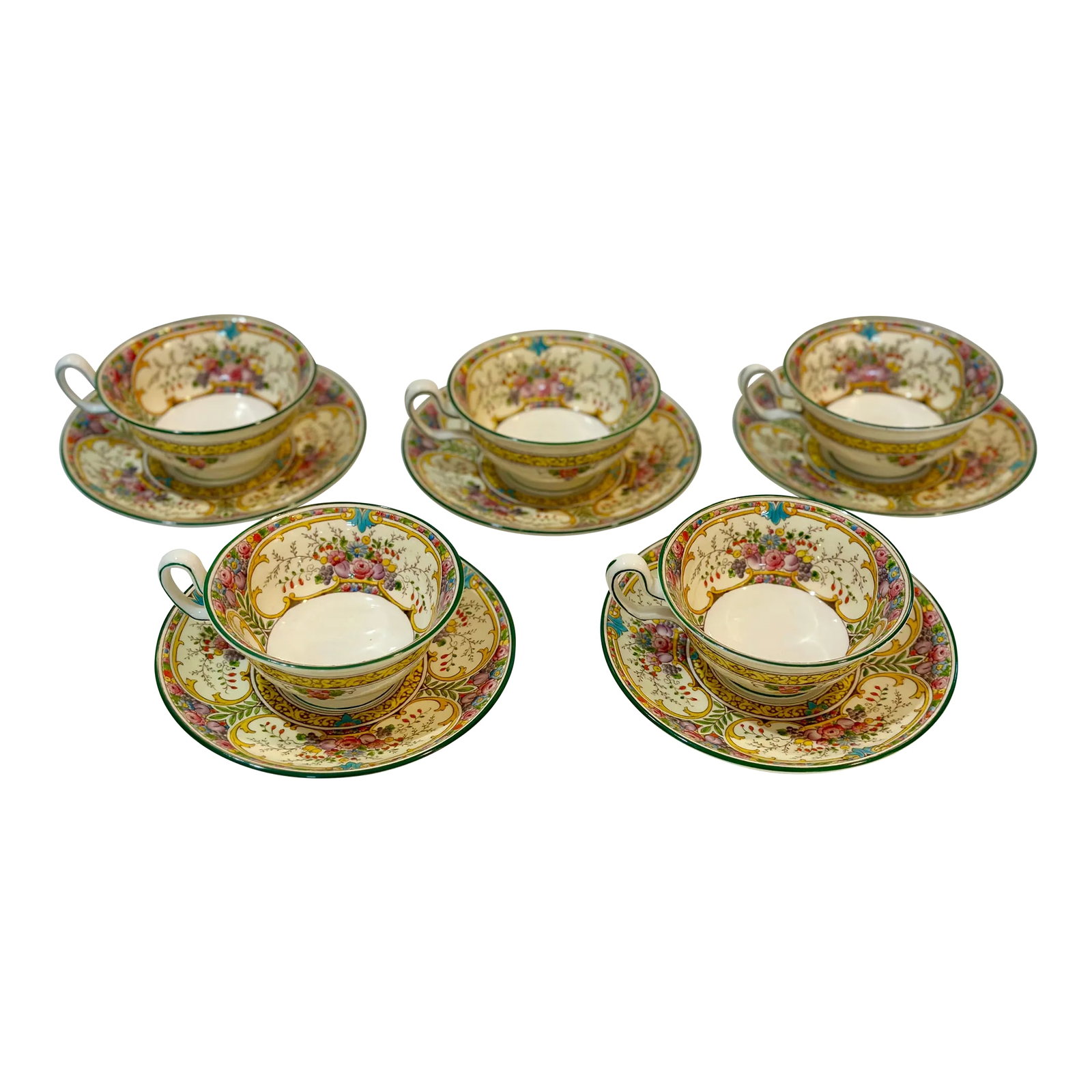 Early 20th Century Wedgwood St Austell Tea Cup & Saucer Set- 10 Pieces: Beautiful and rare five teacup and saucer set by Wedgwood in the St Austell pattern. These belonged to my grandparents and are definitely old! Good to excellent condition. Saucers and two teacups are