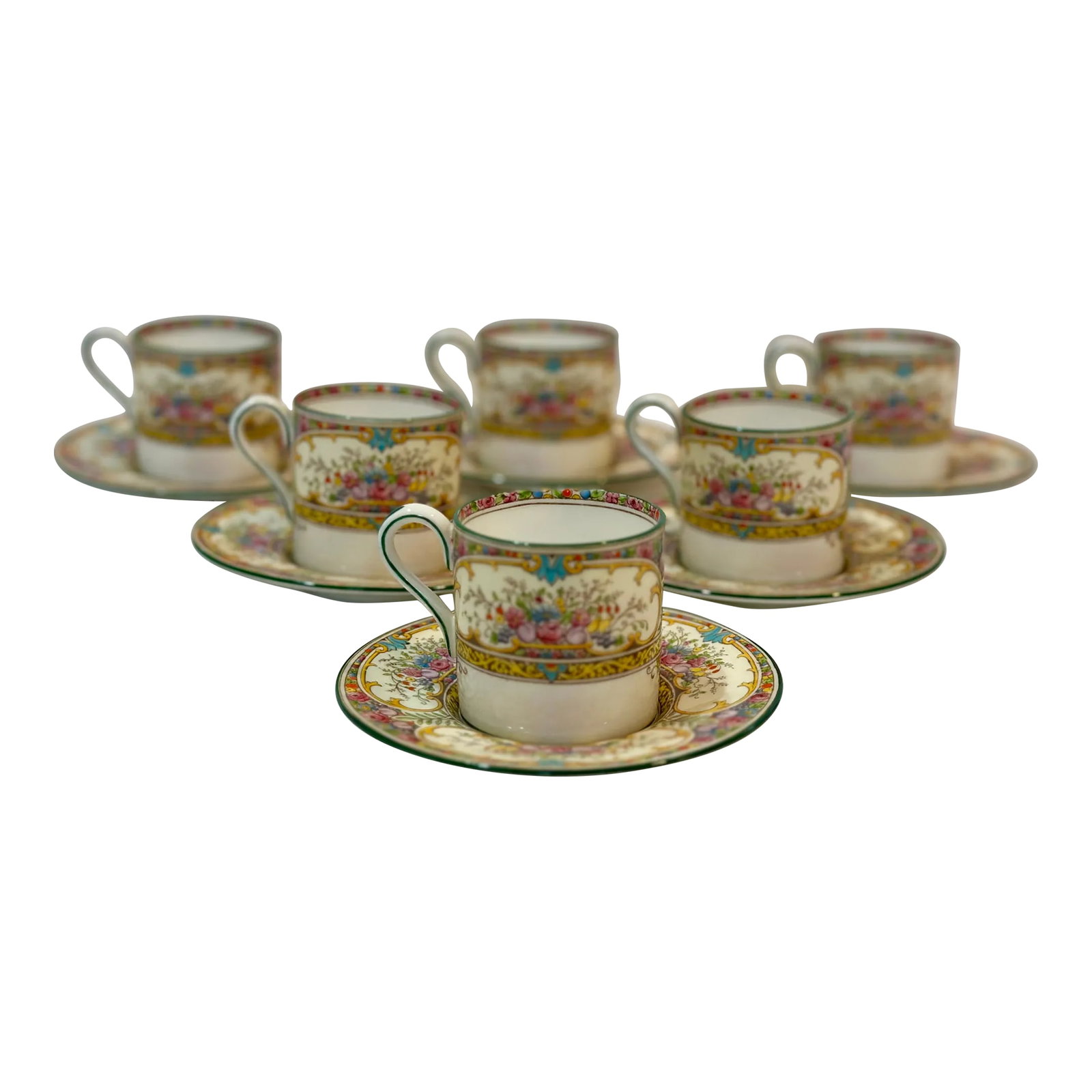 Early 20th Century Wedgwood St Austell Demitasse Cup & Saucer Set- 12 Pieces: Beautiful old set of six demitasse cups and saucers from Wedgwood in the St Austell pattern. Almost pristine condition! These were my grandparents' and the colors and pattern are stunning! Condition: