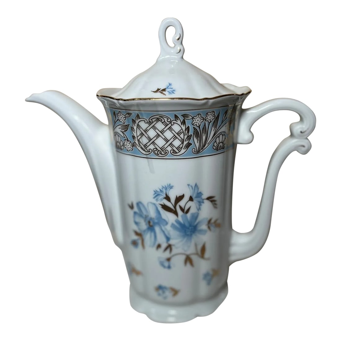 1970s Haas & Czjzek Czech Coffee/Tea Pot - Embossed Rim, Blue Floral and Gold Leaves, Gold Trim, Han: The Haas & Czjzek Czech Porcelain Coffee/Teapot appears with an embossed rim, a blue floral pattern with gold leaves, and gold trim. The floral pattern, with its soft blue flowers and gold leaves, is
