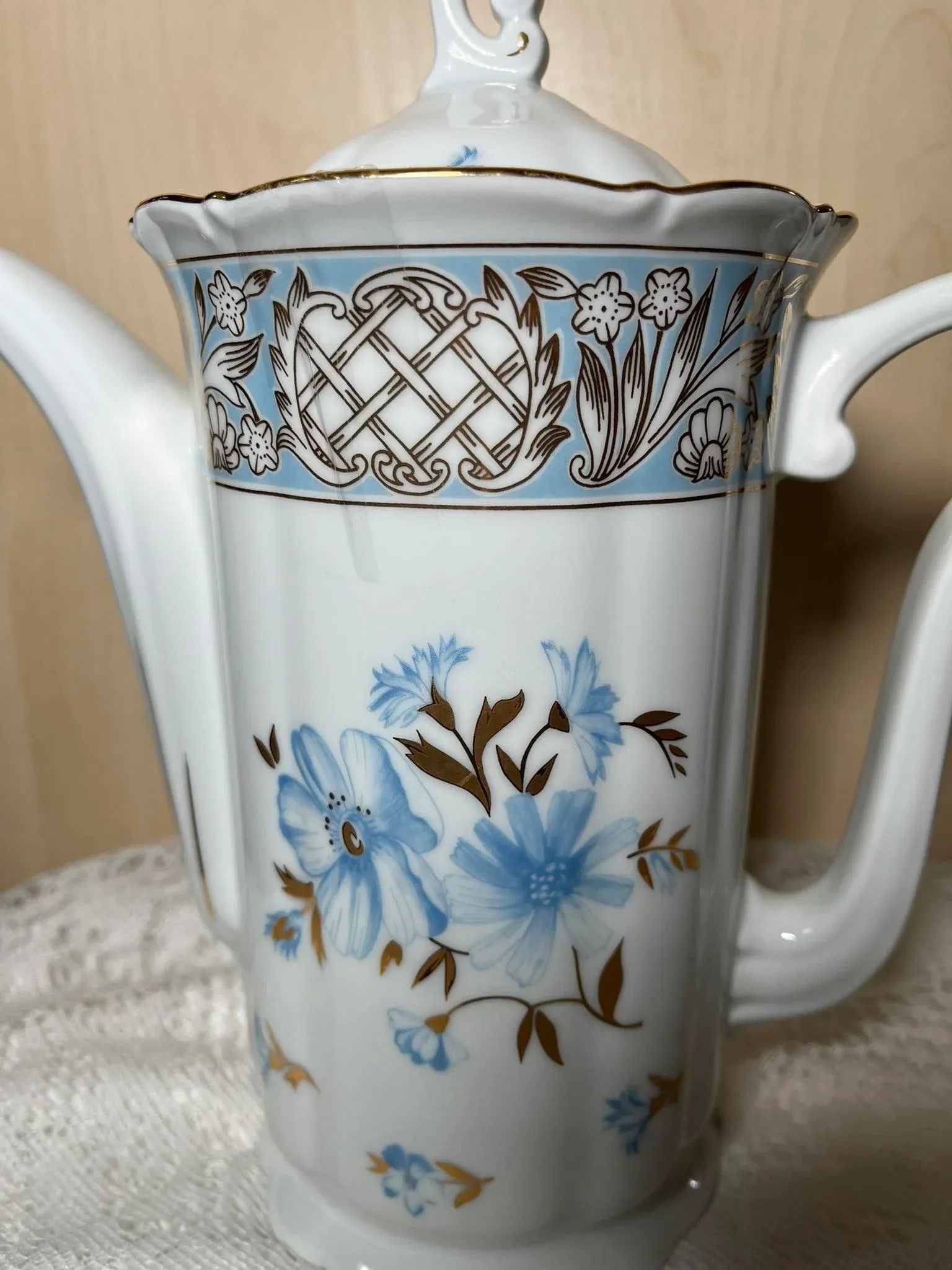 1970s Haas & Czjzek Czech Coffee/Tea Pot - Embossed Rim, Blue Floral and Gold Leaves, Gold Trim, Han - 2