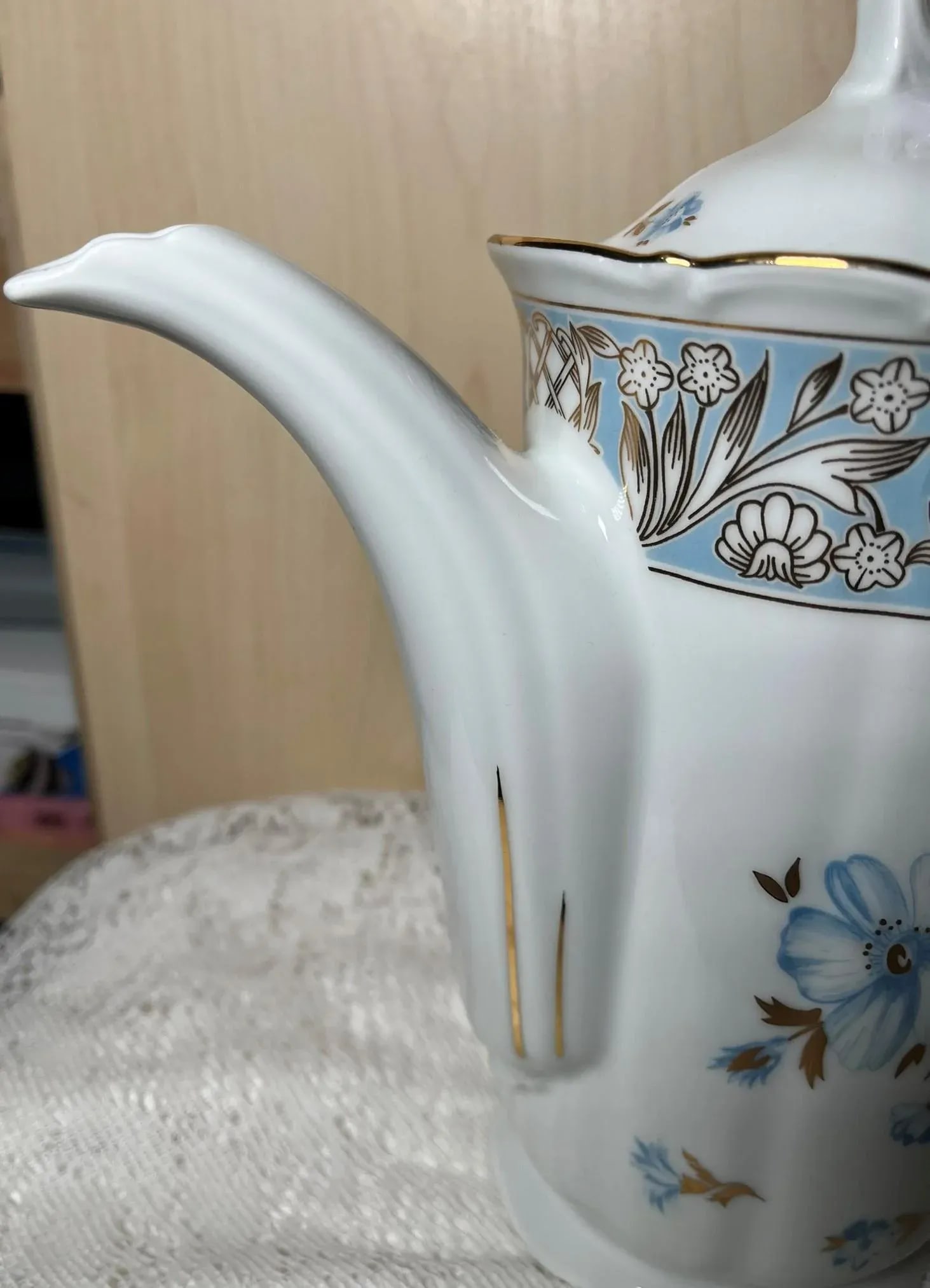 1970s Haas & Czjzek Czech Coffee/Tea Pot - Embossed Rim, Blue Floral and Gold Leaves, Gold Trim, Han - 3