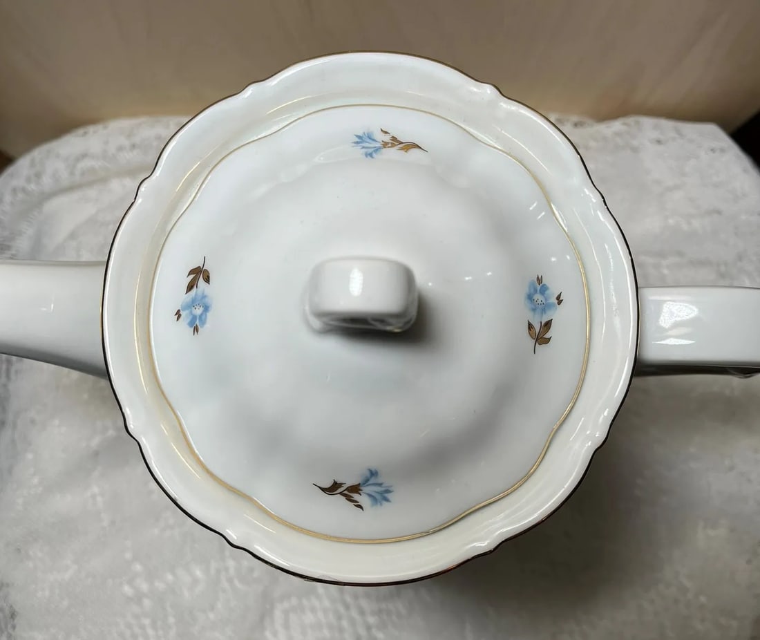 1970s Haas & Czjzek Czech Coffee/Tea Pot - Embossed Rim, Blue Floral and Gold Leaves, Gold Trim, Han - 6