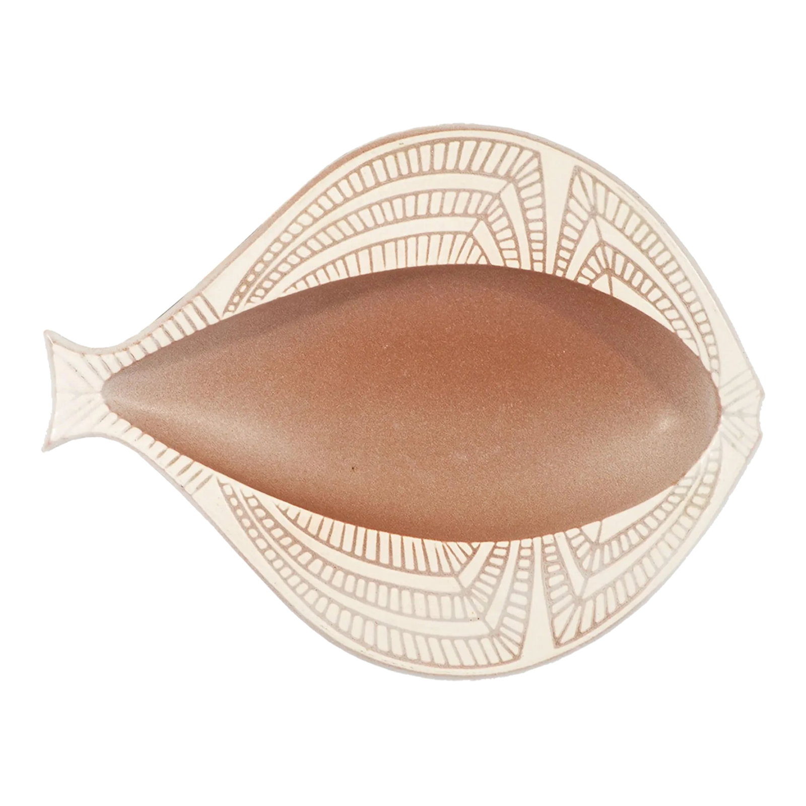 Herb Cohen Hyalyn Mid-Century Ceramic Fish Dish: A mid-century ceramic dark dusty pink and cream fish dish designed by Herb Cohen for Hyalyn USA. The stylized dish features a dark speckled pink interior and repeated illustrative lines that