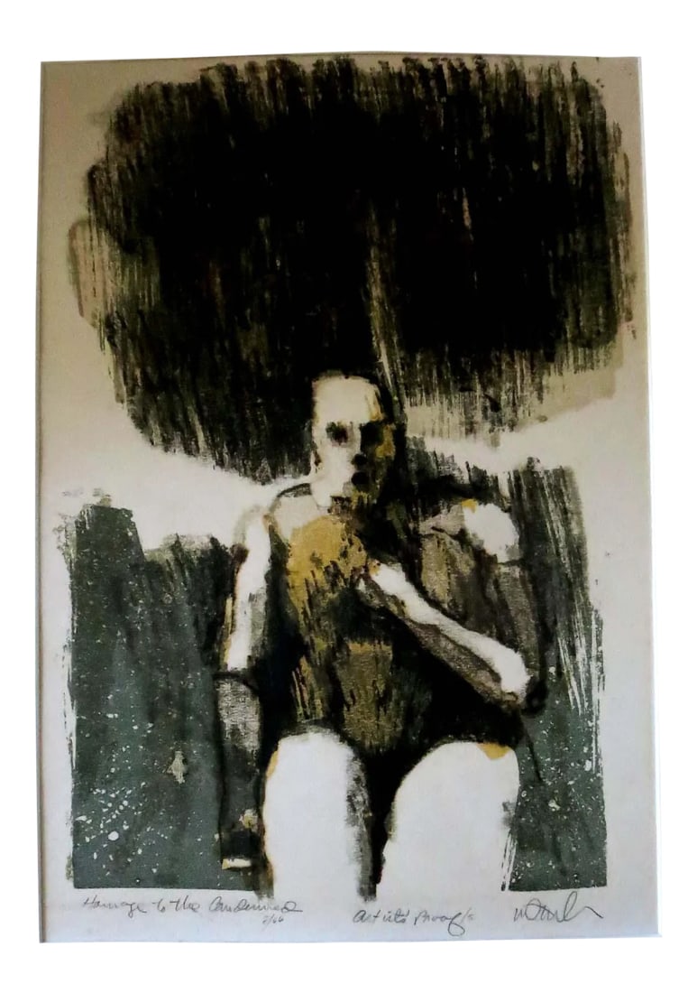 1960s Vintage Ben Mahmoud Original Signed Lithograph Print: An early example of Ben Mahmoud's work, an artist's proof signed lithograph, dated August 1966. Mahmoud was born and grew up in Charleston, West Virginia. For most of his professional career, he