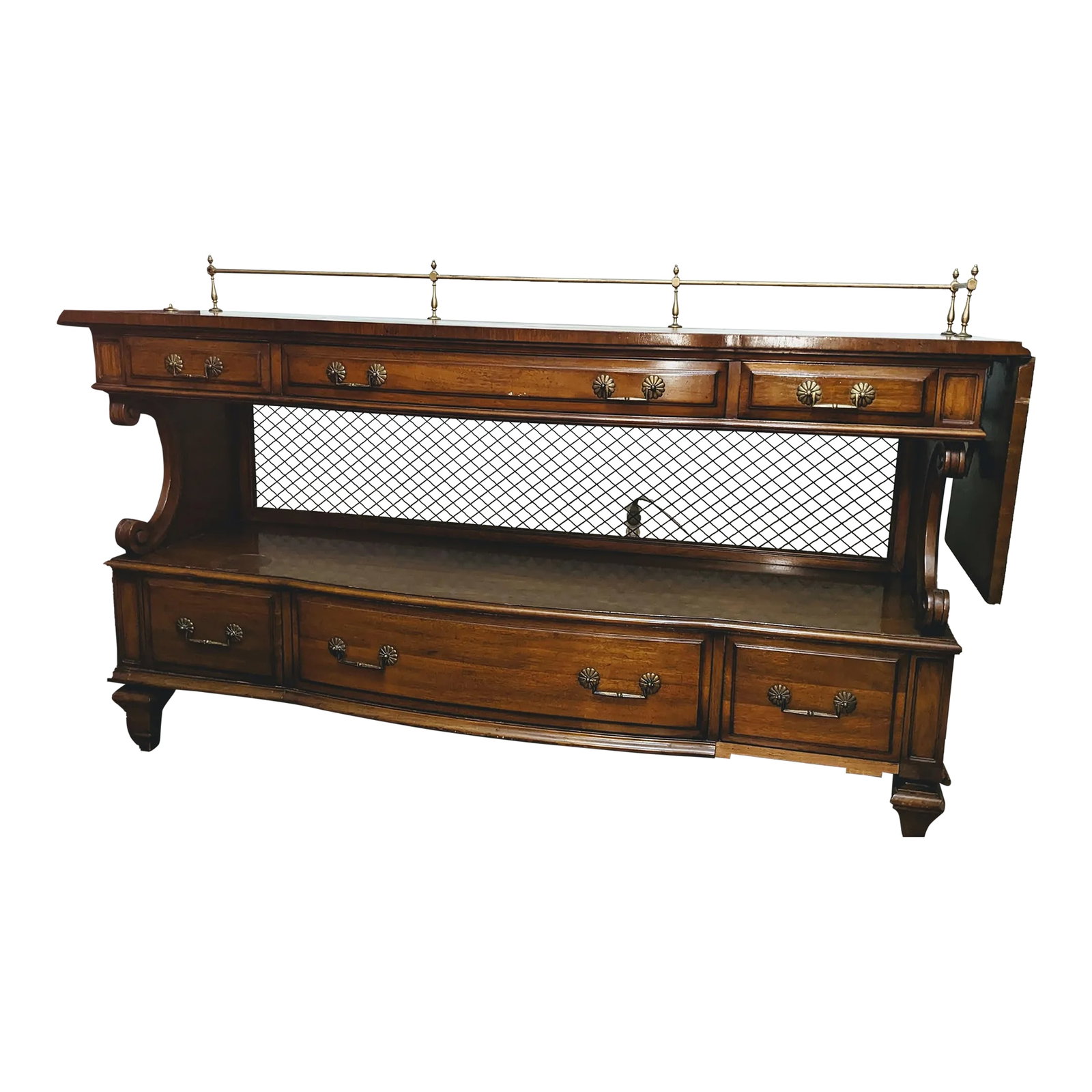 1940s Karges French Regency Louis XV Sideboard: The elegance of the Karges French Regency Louis XVI Sideboard-a piece that whispers of timeless sophistication and craftsmanship. Dimensions: Length: 62.75 inches (159.4 cm) Height: 33.2 inches (84.3