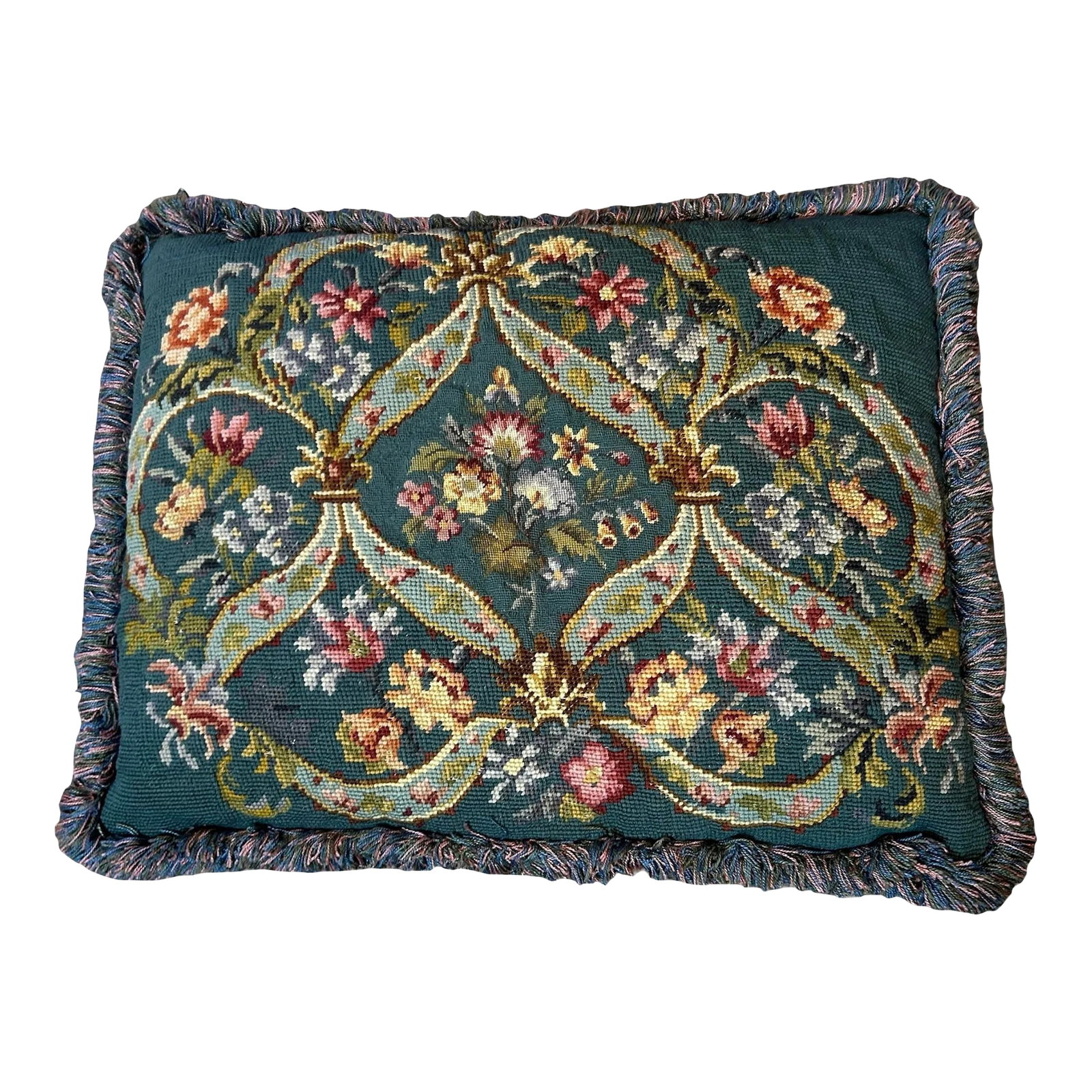 1940s Blue Floral Petit Point Needlepoint Fringe Pillow: Stunning vintage 1940's blue floral needlepoint decorative pillow, Both Petit point and needlepoint stitches Dusty rose floral brocade fabric on the back. Fringe all around Excellent vintage