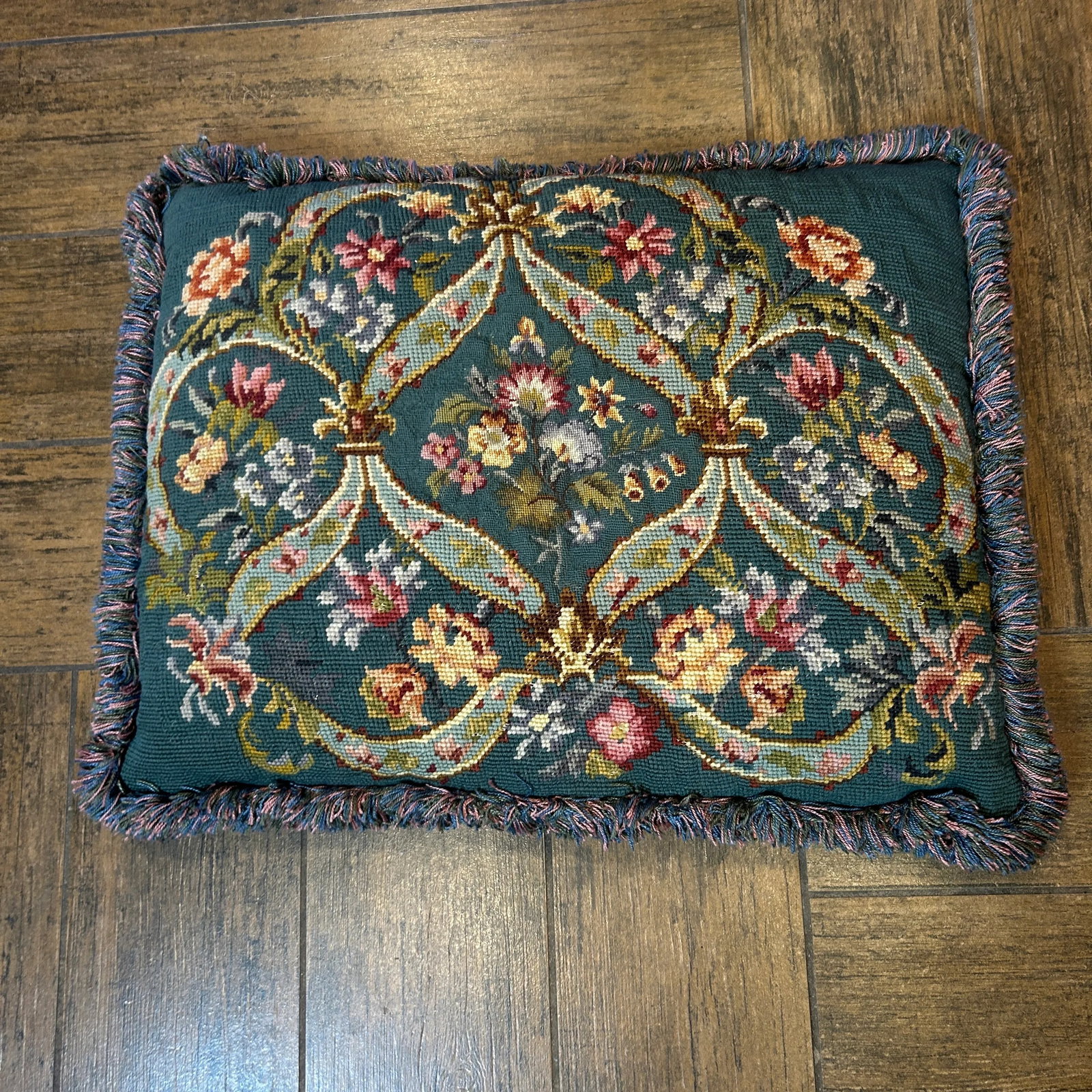 1940s Blue Floral Petit Point Needlepoint Fringe Pillow - 2