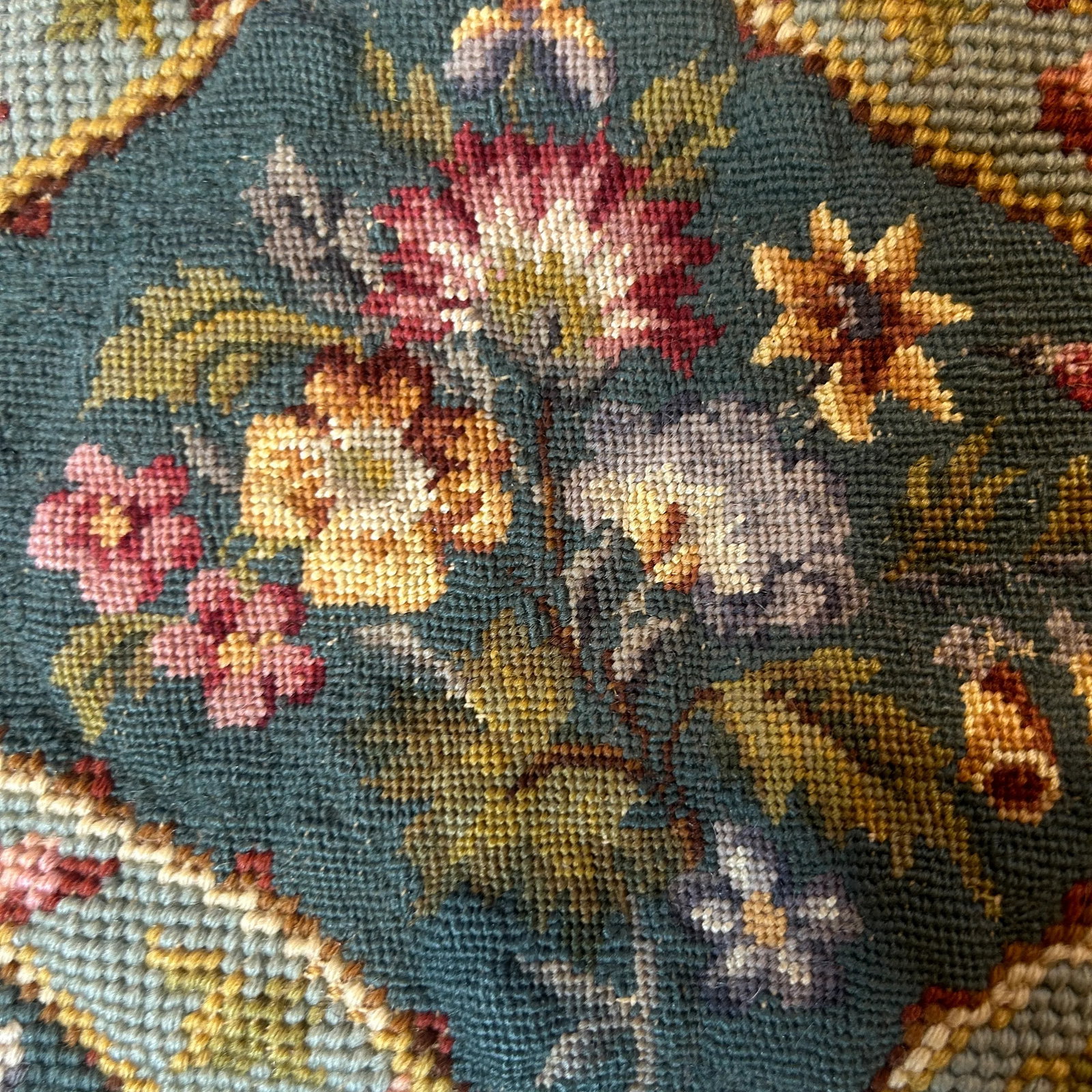 1940s Blue Floral Petit Point Needlepoint Fringe Pillow - 3