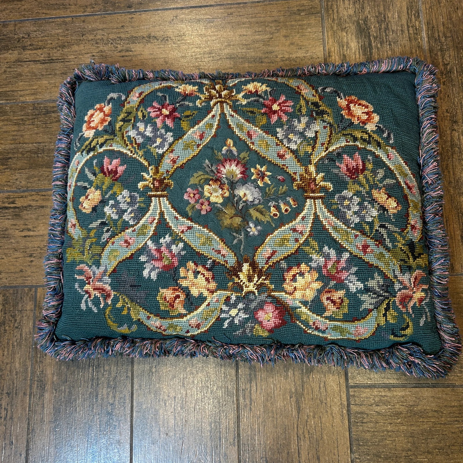 1940s Blue Floral Petit Point Needlepoint Fringe Pillow - 6