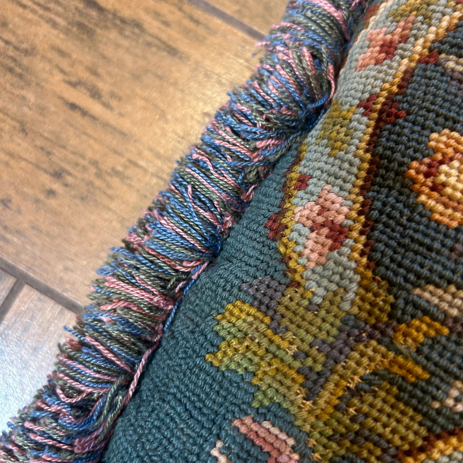1940s Blue Floral Petit Point Needlepoint Fringe Pillow - 7