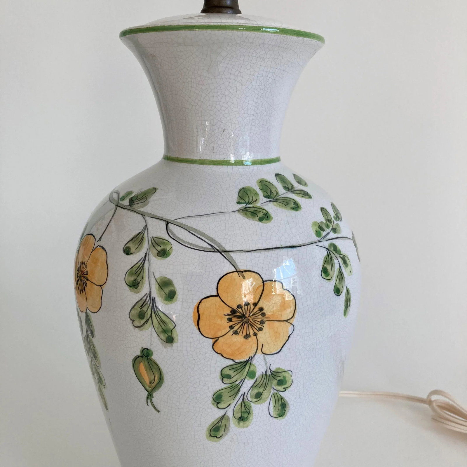 Vintage Ceramic Floral Pattern Yellow Green Colors Crackle Glaze Finish Table Lamp, Made in Italy Ci - 6