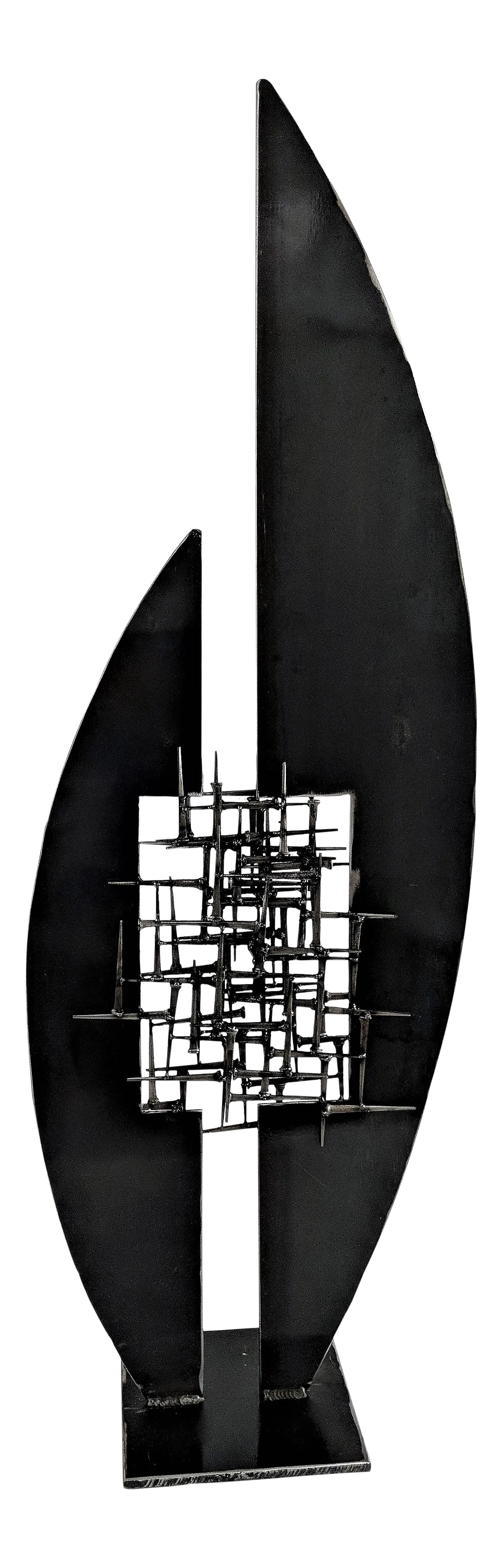Abstract Modernist Steel and Mason Nail Sculpture: Abstract Sculpture custom made in our Fort Lauderdale, FL studio. Made of welded cut steel and vintage mason nails. Can be displayed on both sides. Has great minimalist lines and silhouette. Measures