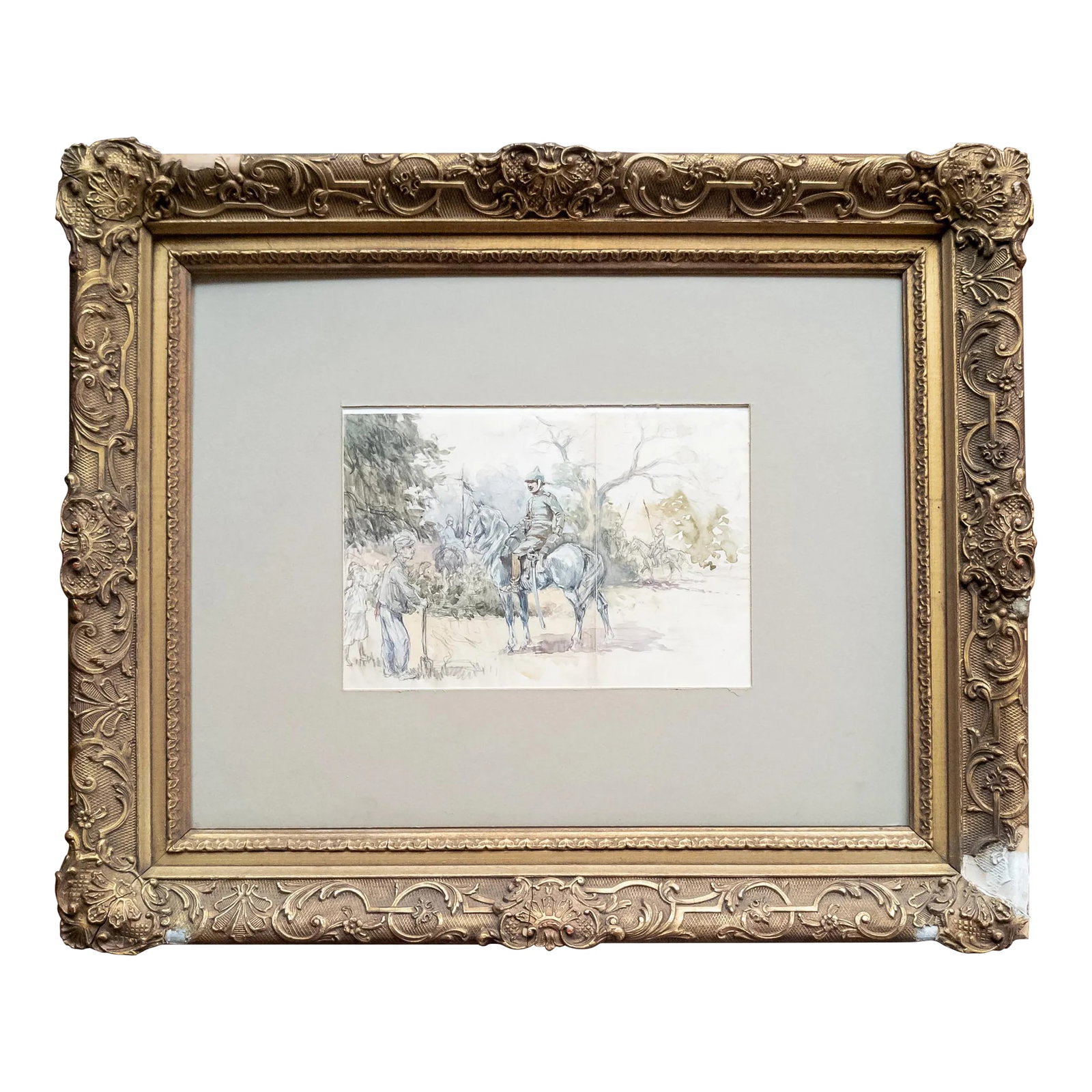 20th Century Fine Watercolor and Pencil Study Sketch of Soldiers, Unsigned: We are selling this very unique and interesting well done Watercolor and pencil study. This study is of high quality with what appear to be French or European soldiers in a wooded landscape with the
