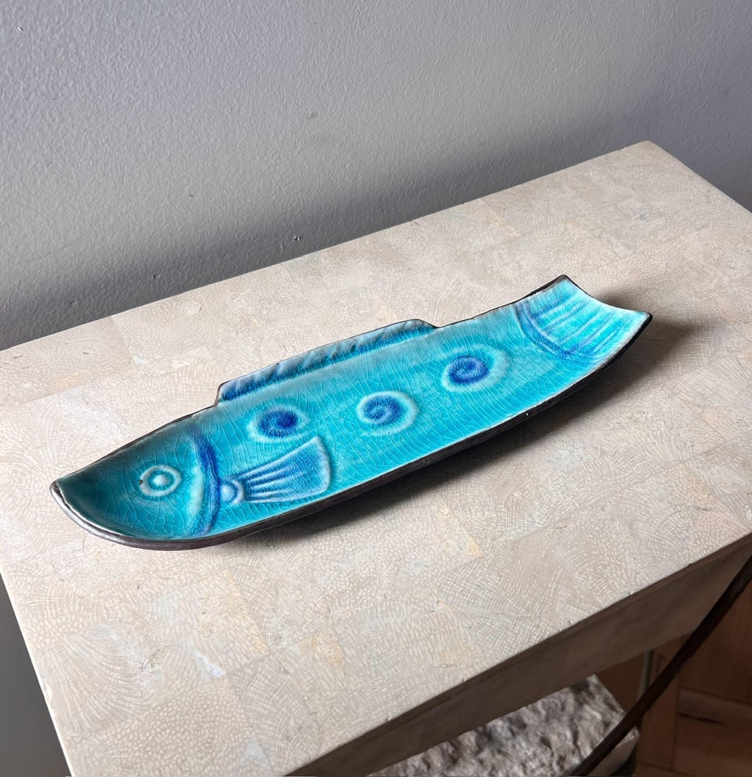 Vintage Japanese Ceramic Crackle Glazed Fish Dish, Mid 20th Century - 6