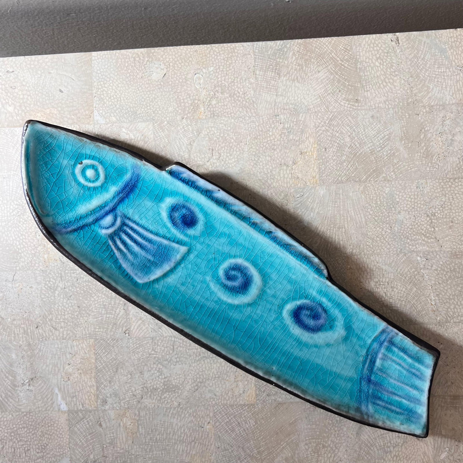 Vintage Japanese Ceramic Crackle Glazed Fish Dish, Mid 20th Century - 9
