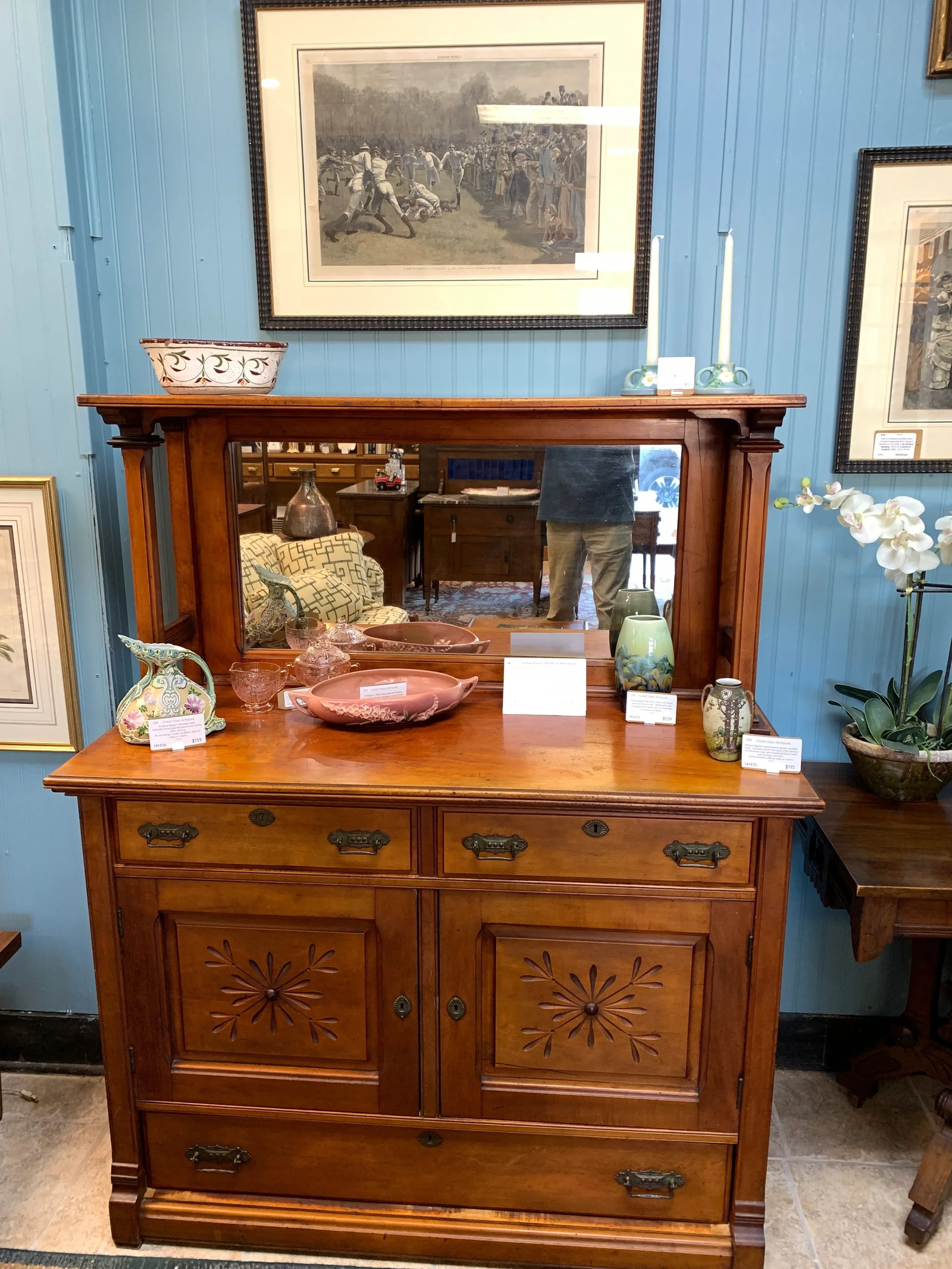 Antique Arts and Crafts Style Mirror Back Server - 12