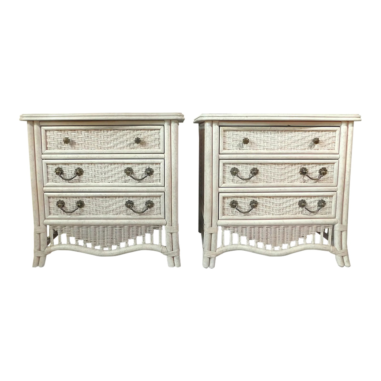 Pair Vintage Ficks Reed Whitewash Weaved Rattan Side/End Tables Nightstands: Wonderful pair of mid-century Ficks Reed whitewash weaved rattan side/end tables or nightstands. They each feature three large, drawers. Stunning weaved design. Original hardware. Original whitewash