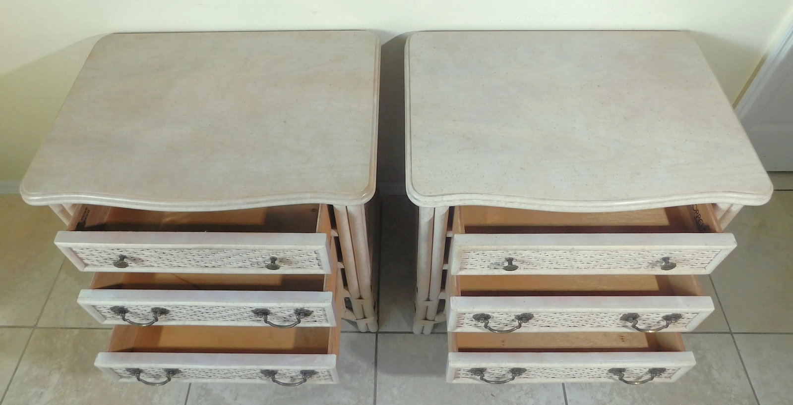 Pair Vintage Ficks Reed Whitewash Weaved Rattan Side/End Tables Nightstands - 6