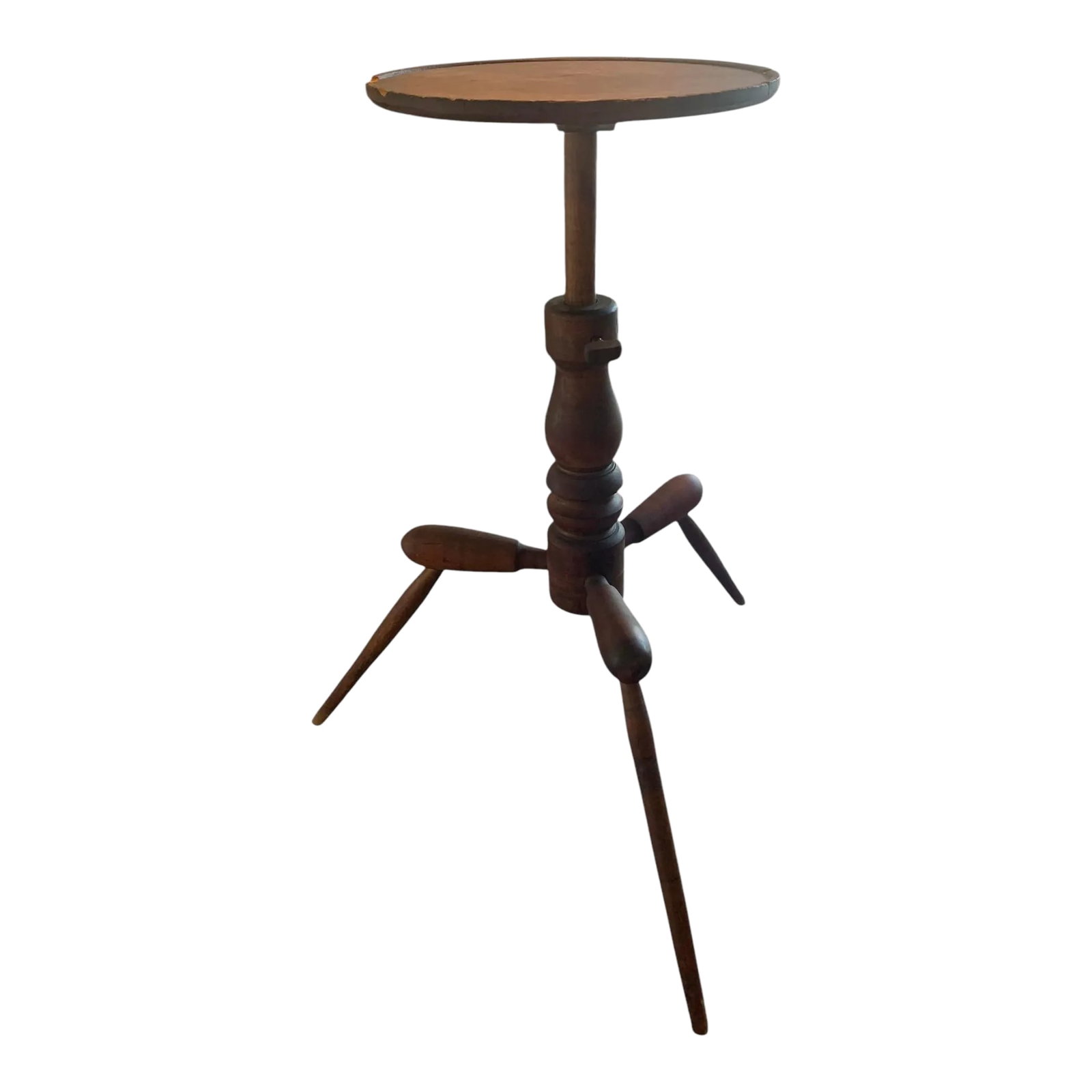 18th Century Colonial Candle Stand, Circa 1775: Beautiful example of an Early American Colonial Candle Stand with uniquely designed tripod legs. Stands 29 1/2" tall with a 25" footprint. The top is 13.25" across. The top rotates and is removable.