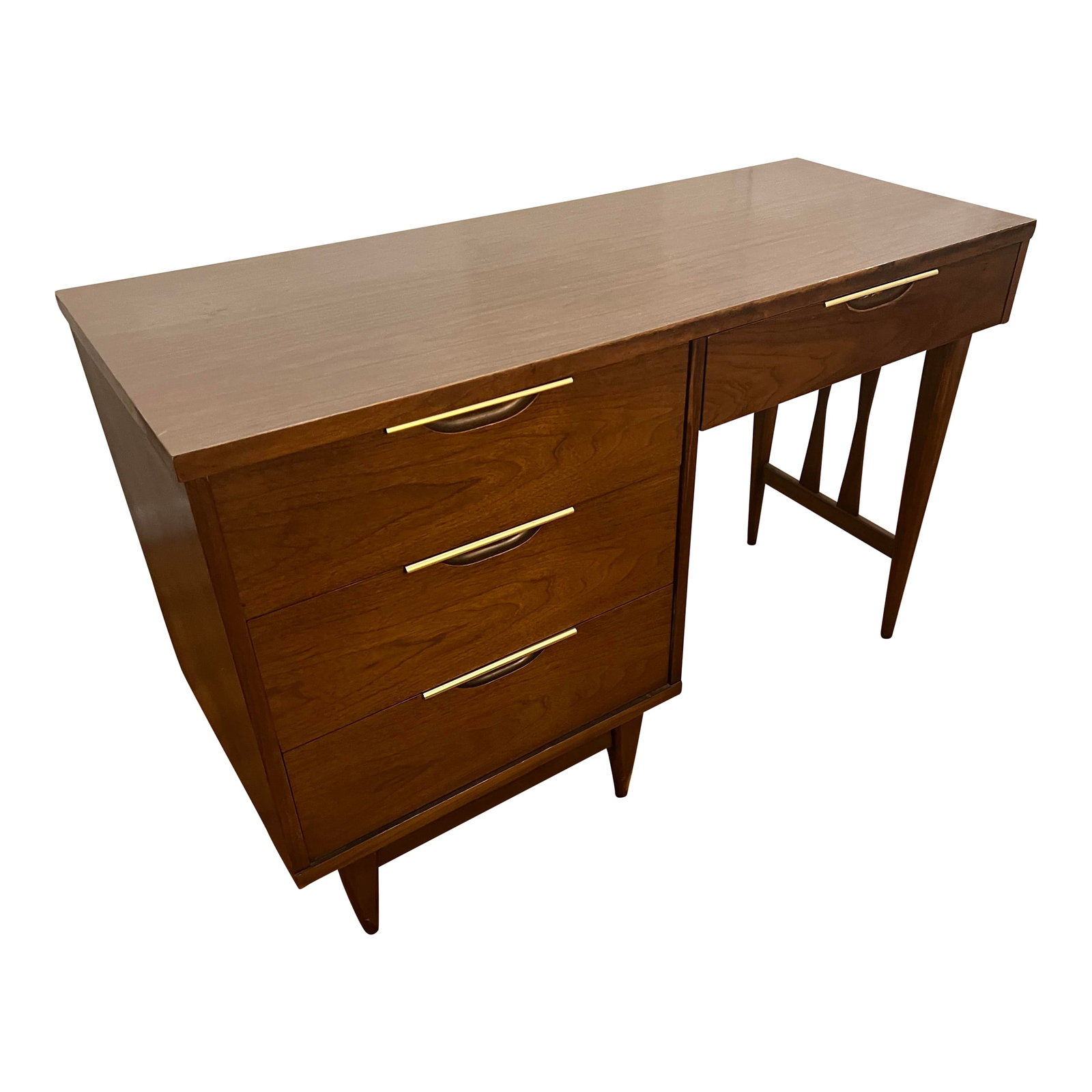 1950s Kent Coffey Tableu Mid-Century Modern Walnut Desk With Brass Accents: Kent Coffey Tableu Mid-Century Modern Walnut Desk With Brass Accents. In excellent condition. Condition: Alterations: Restored Imperfections: Some Imperfections Condition Notes: In excellent