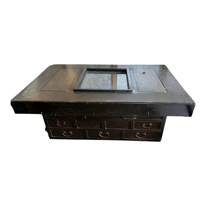 Antique Vintage Japanese Hibachi Brazier Table: A Japanese Hibachi brazier table. Unsure of exact date but likely from the early 1900s based on research. Dark wood with three compartments on top and drawers on side for storage. Traditionally, a