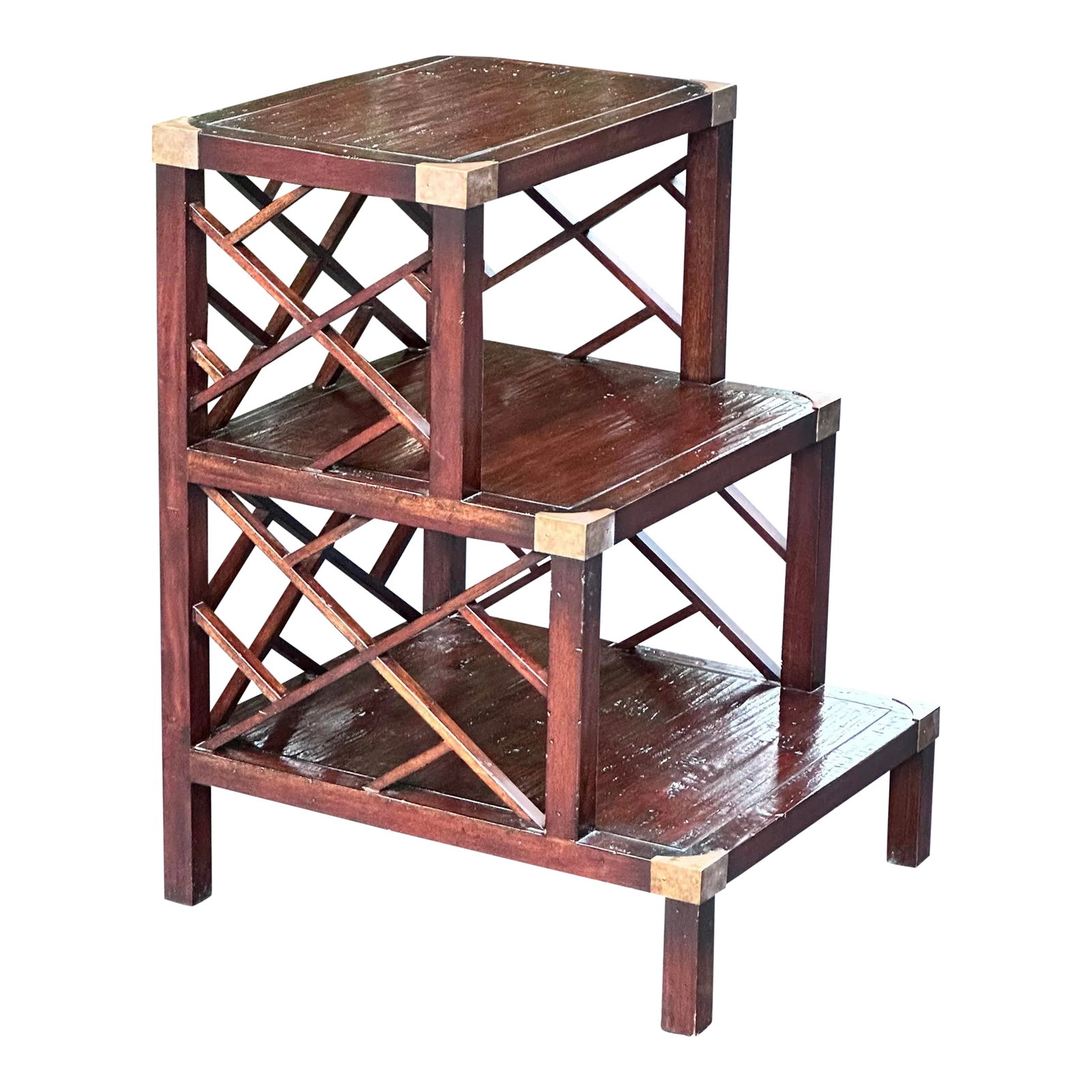 Henredon Campaign British Colonial Style Library Steps: High quality Henredon British campaign style library steps or side table. Nice fretwork sides and brass corner details. I could use something like this to get to things on the top shelves of my