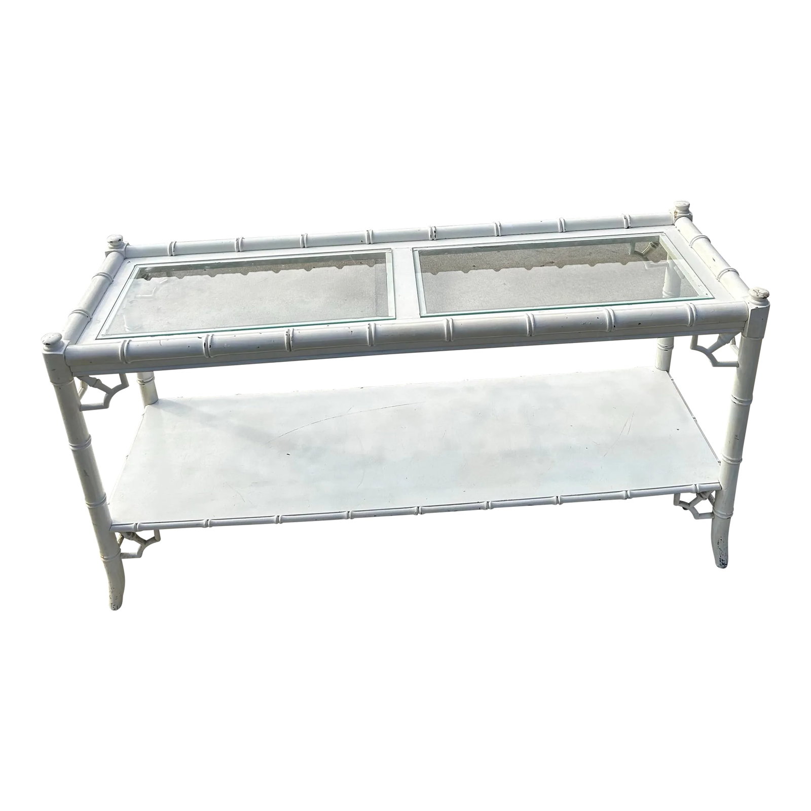 Vintage Thomasville Alegro White Faux Bamboo Console Table: Lovely Thomasville Alegro mid century white faux bamboo console table. Has a few scratches Condition: Alterations: Original Condition Unaltered Imperfections: Some Imperfections Condition Notes: Good 