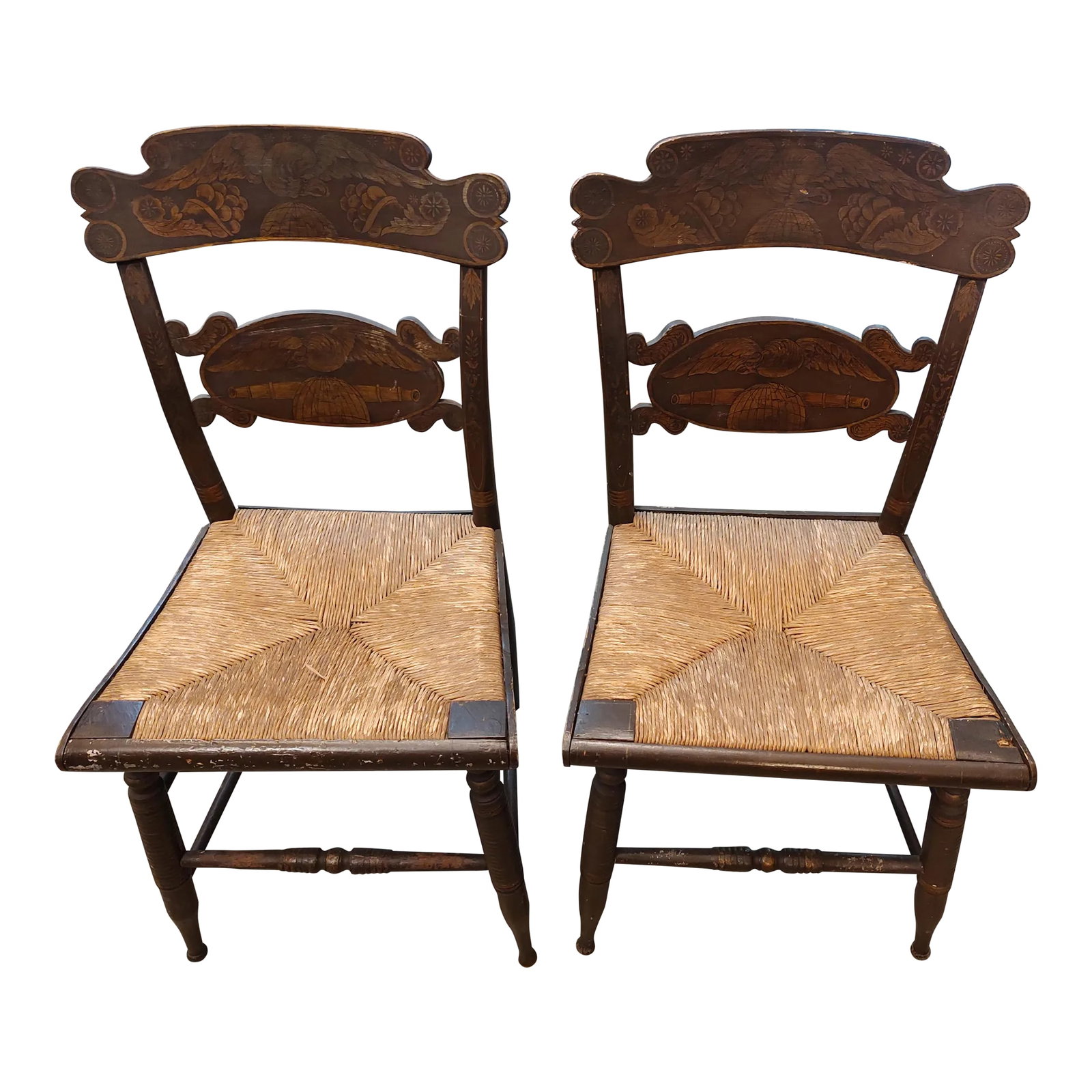 Pair of 19th Century Painted Eagle on Globe Motif Rush Seat Hitchcock Style Chairs: Pair of 19th Century Painted Eagle on Globe Motif Rush Seat Hitchcock Style Chairs. Chairs were acquired from the estate of a Southwest Ohio dentist who was a renowned collector of Federal Period anti