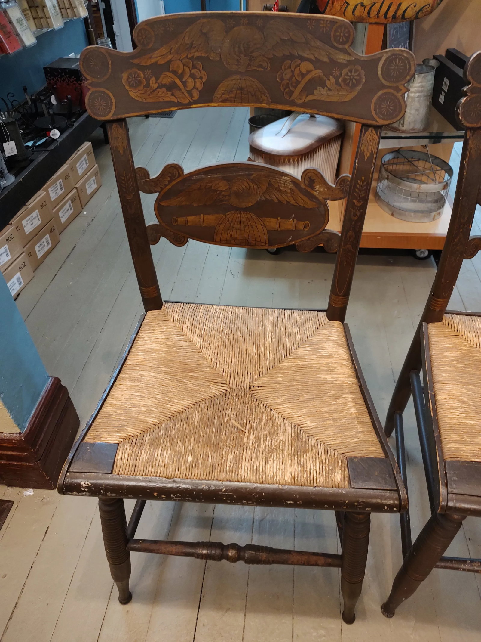 Pair of 19th Century Painted Eagle on Globe Motif Rush Seat Hitchcock Style Chairs - 2
