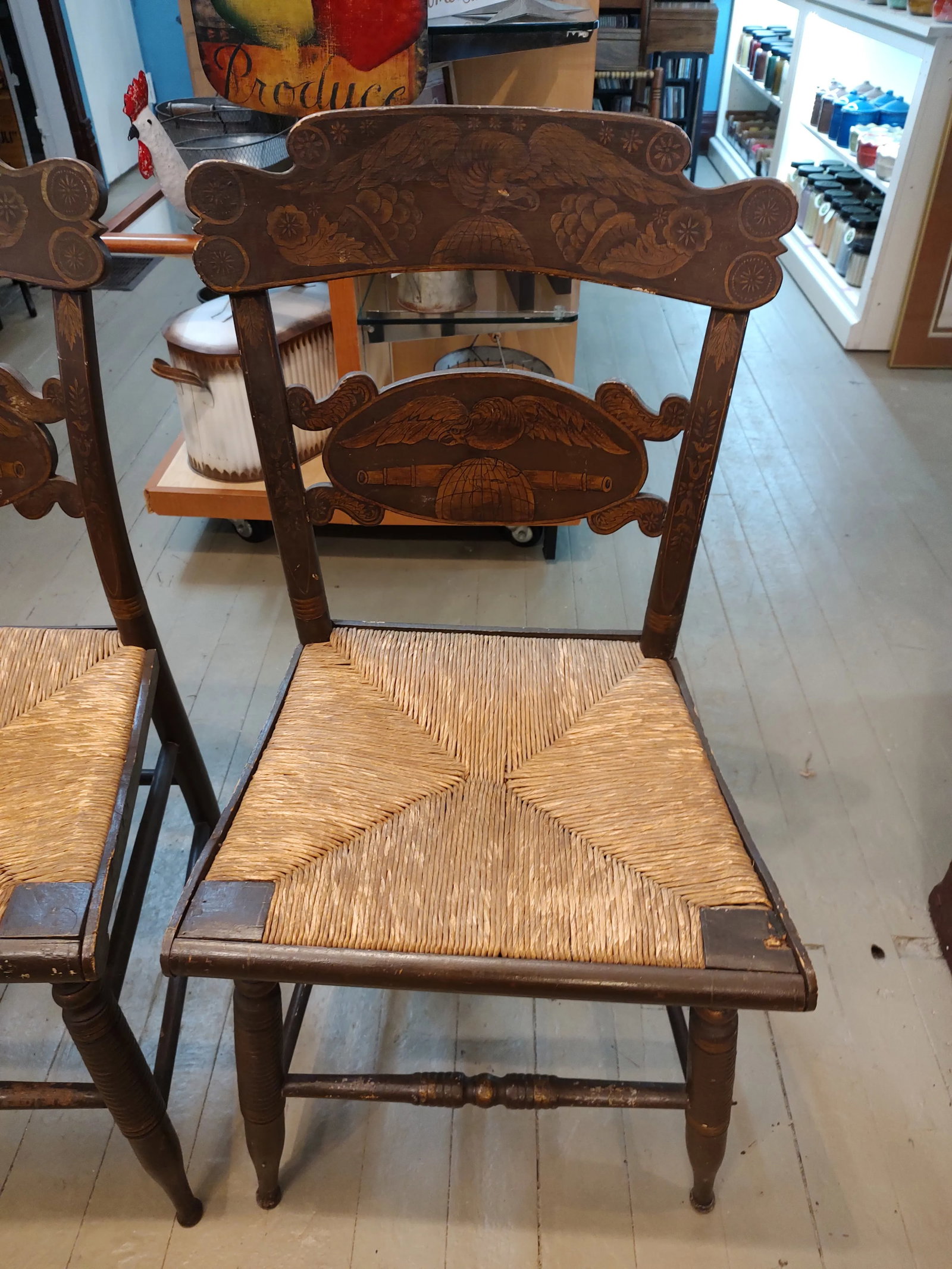 Pair of 19th Century Painted Eagle on Globe Motif Rush Seat Hitchcock Style Chairs - 3