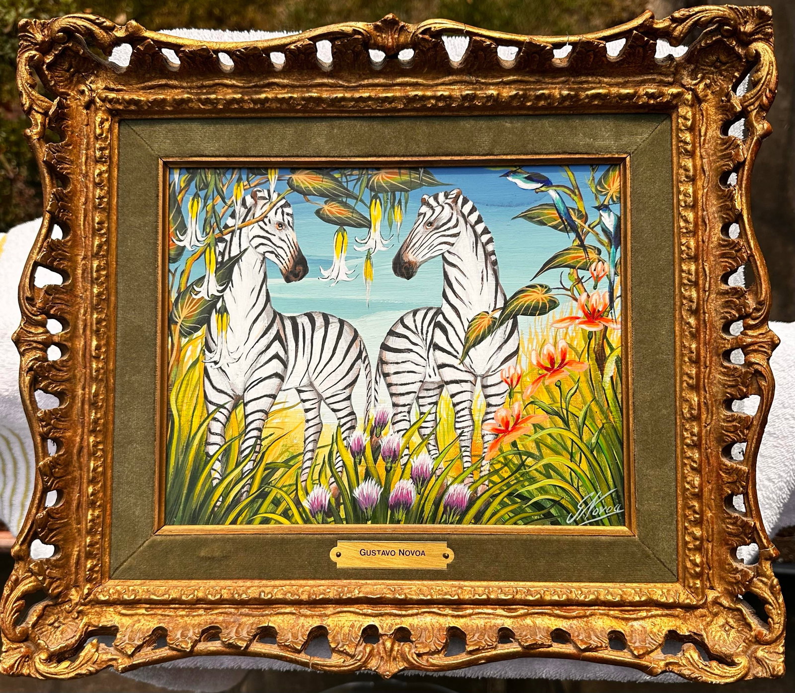 Painting by Gustavo Novoa, "Zebra Talk" or "Two Zebras Courting" - 11